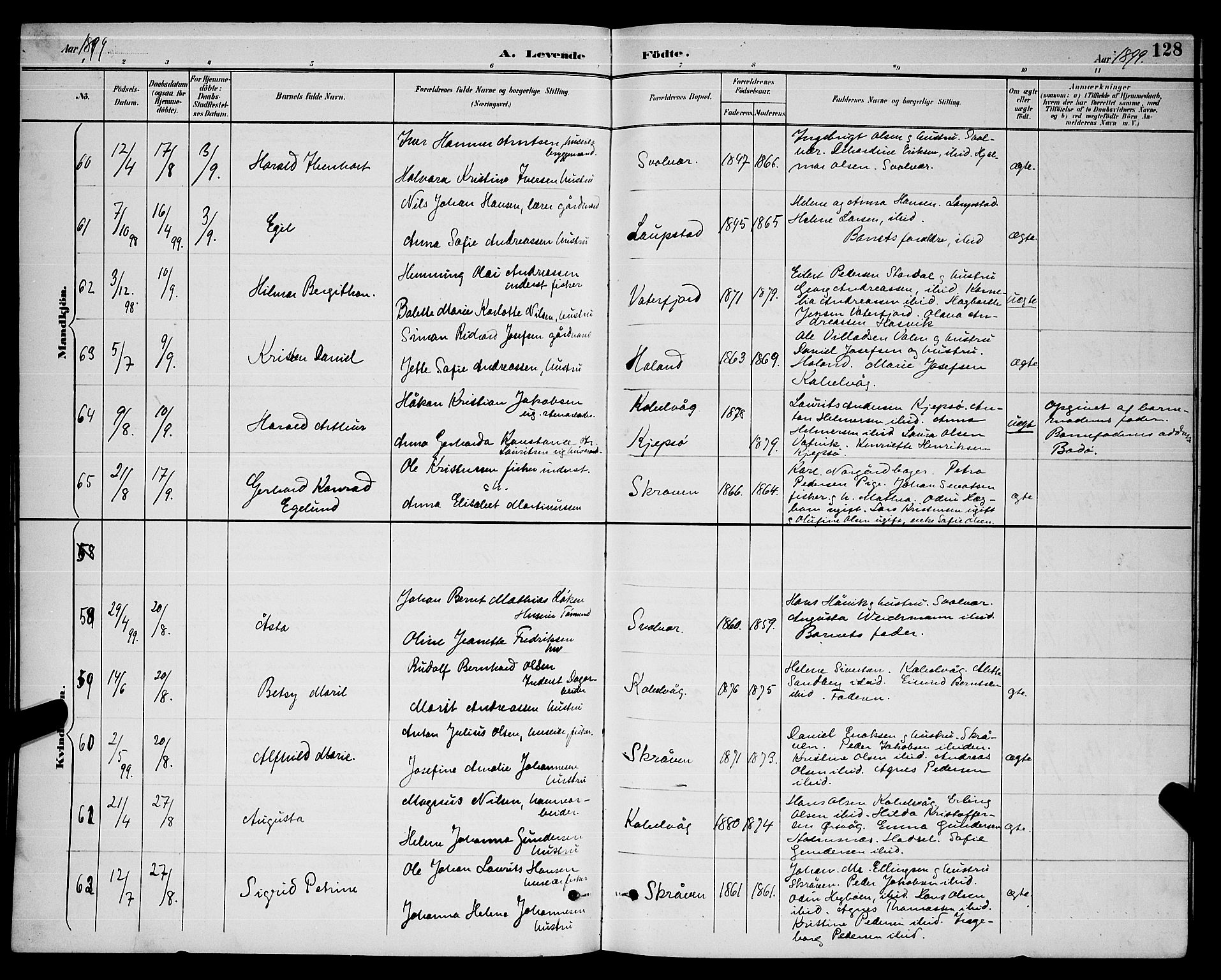 Ministerialprotokoller, klokkerbøker og fødselsregistre - Nordland, AV/SAT-A-1459/874/L1077: Parish register (copy) no. 874C06, 1891-1900, p. 128