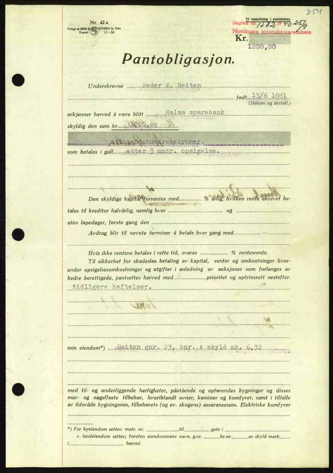 Nordmøre sorenskriveri, AV/SAT-A-4132/1/2/2Ca: Mortgage book no. B87, 1940-1941, Diary no: : 1582/1940