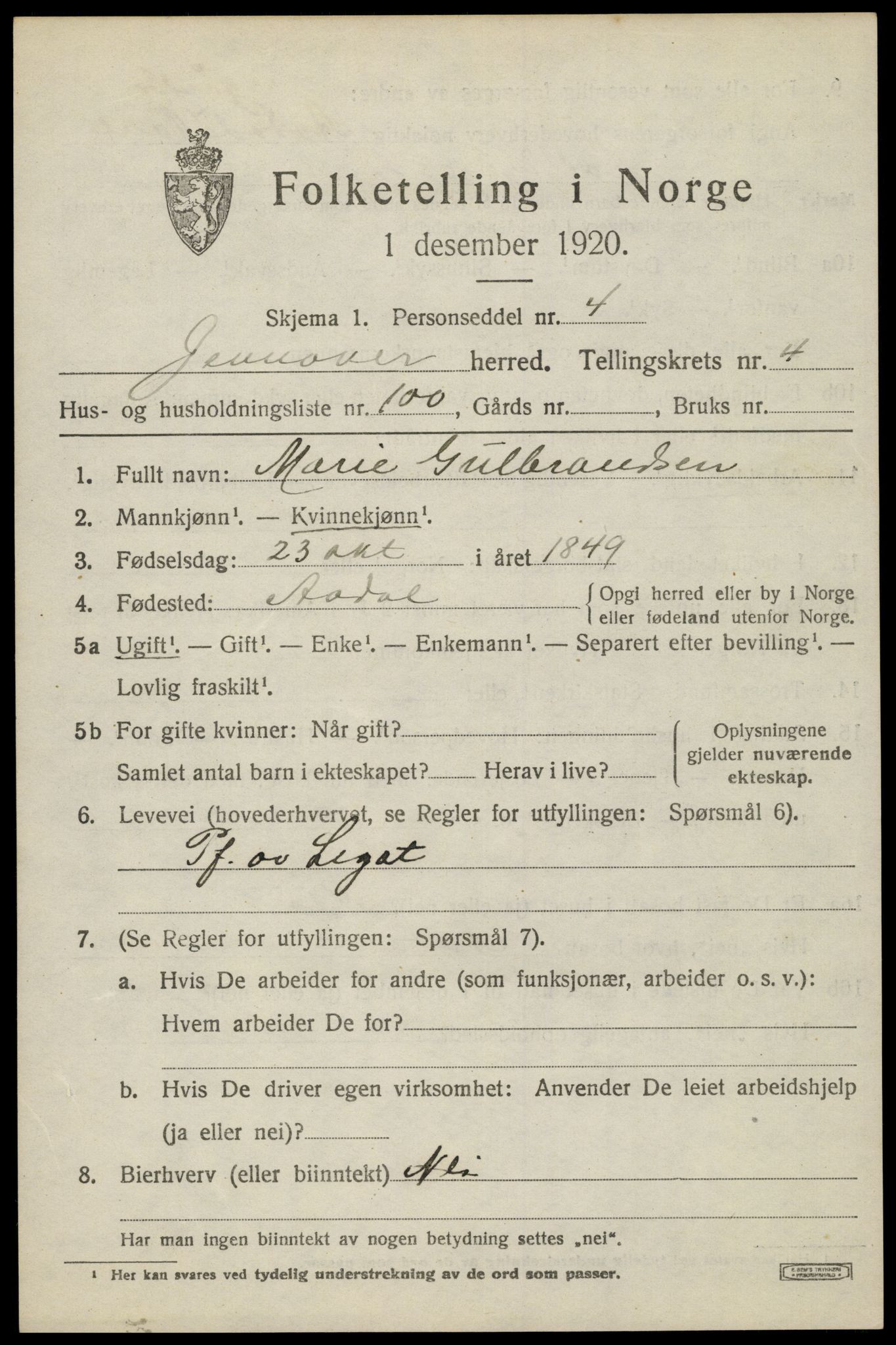 SAH, 1920 census for Jevnaker, 1920, p. 7769