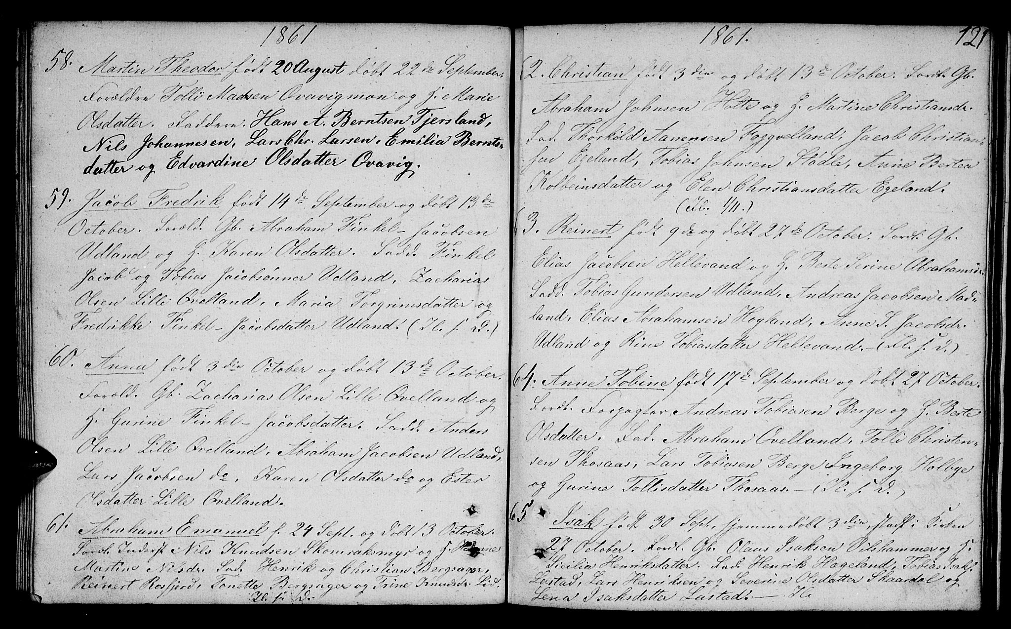 Lyngdal sokneprestkontor, AV/SAK-1111-0029/F/Fb/Fbc/L0002: Parish register (copy) no. B 2, 1849-1864, p. 121