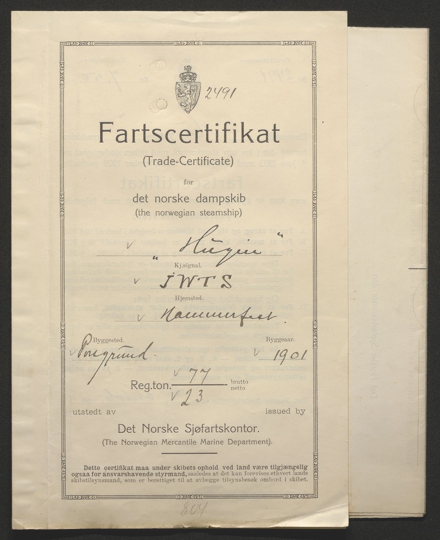 Sjøfartsdirektoratet med forløpere, skipsmapper slettede skip, RA/S-4998/F/Fa/L0519: --, 1850-1922, p. 349