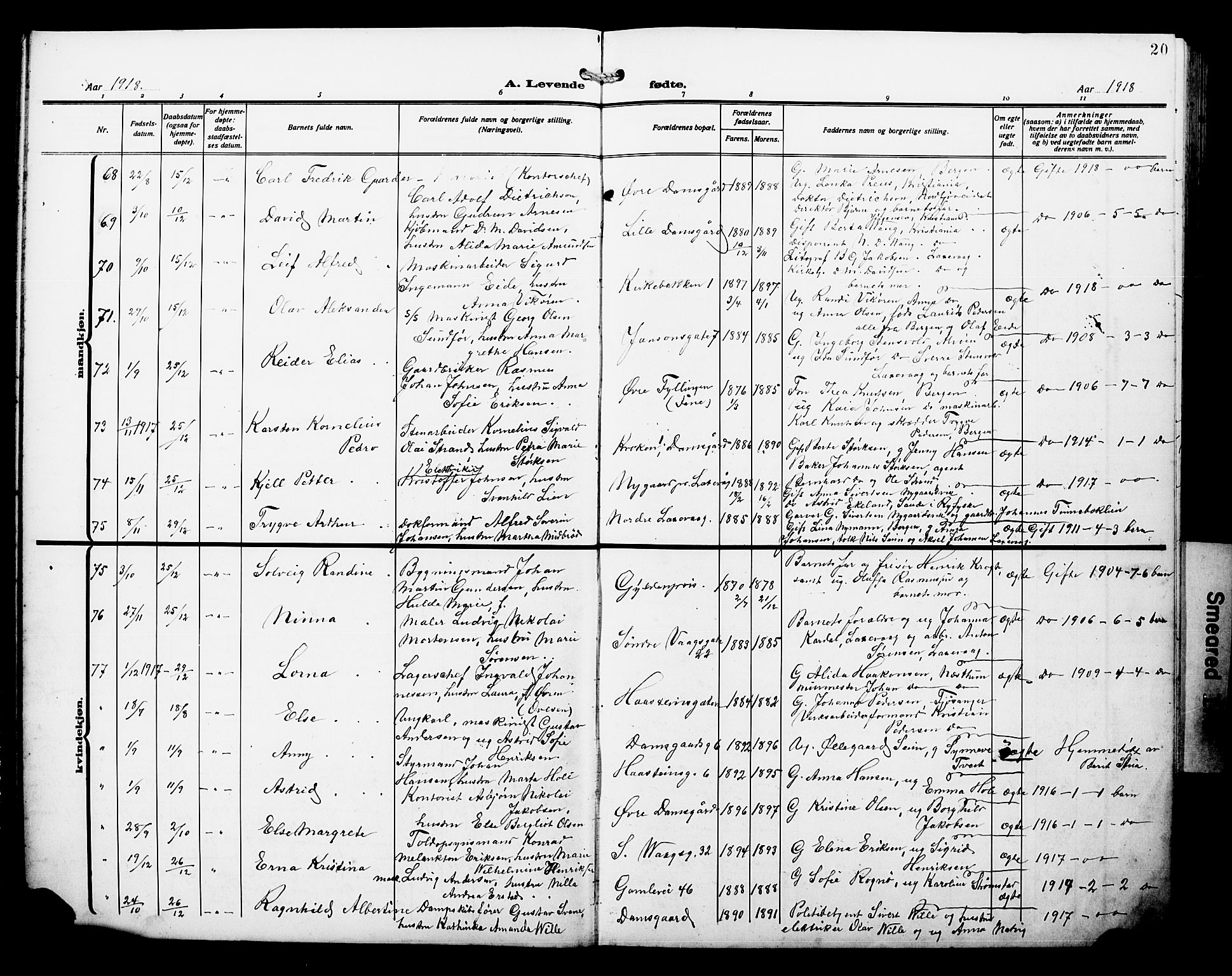 Laksevåg Sokneprestembete, AV/SAB-A-76501/H/Ha/Hab/Haba/L0006: Parish register (copy) no. A 6, 1917-1925, p. 20