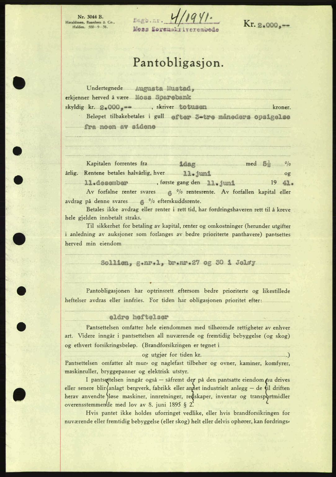 Moss sorenskriveri, SAO/A-10168: Mortgage book no. B10, 1940-1941, Diary no: : 4/1941