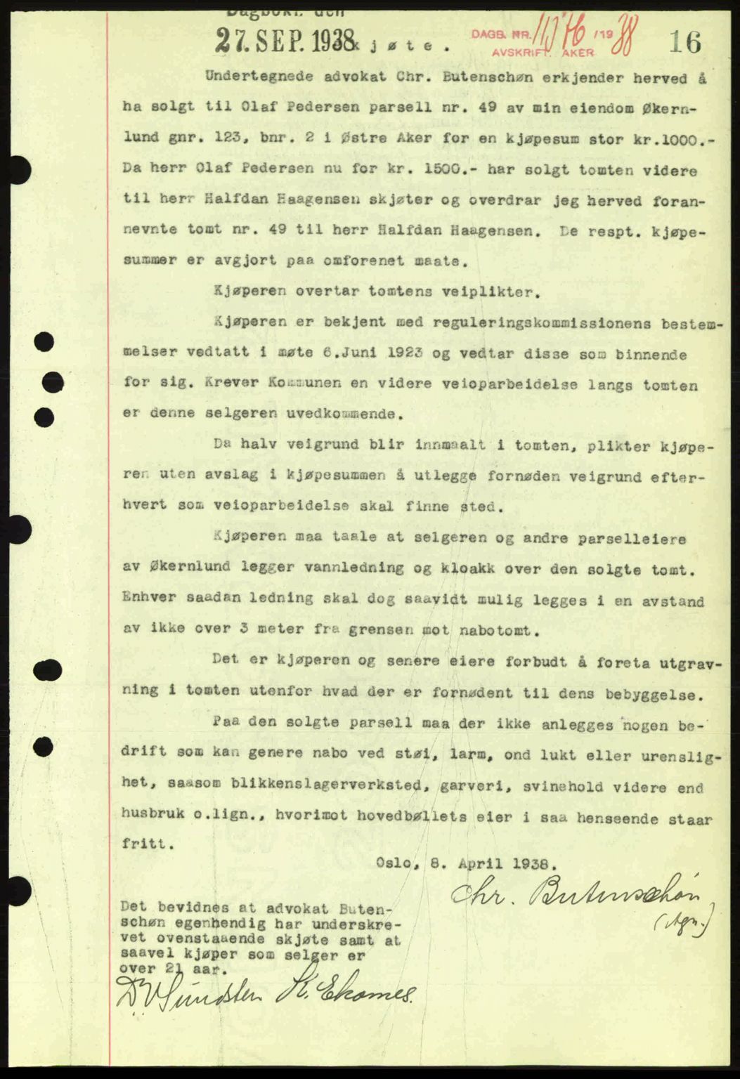 Aker herredsskriveri, SAO/A-10896/G/Gb/Gba/Gbab/L0025: Mortgage book no. A154-155, 1938-1938, Diary no: : 11376/1938
