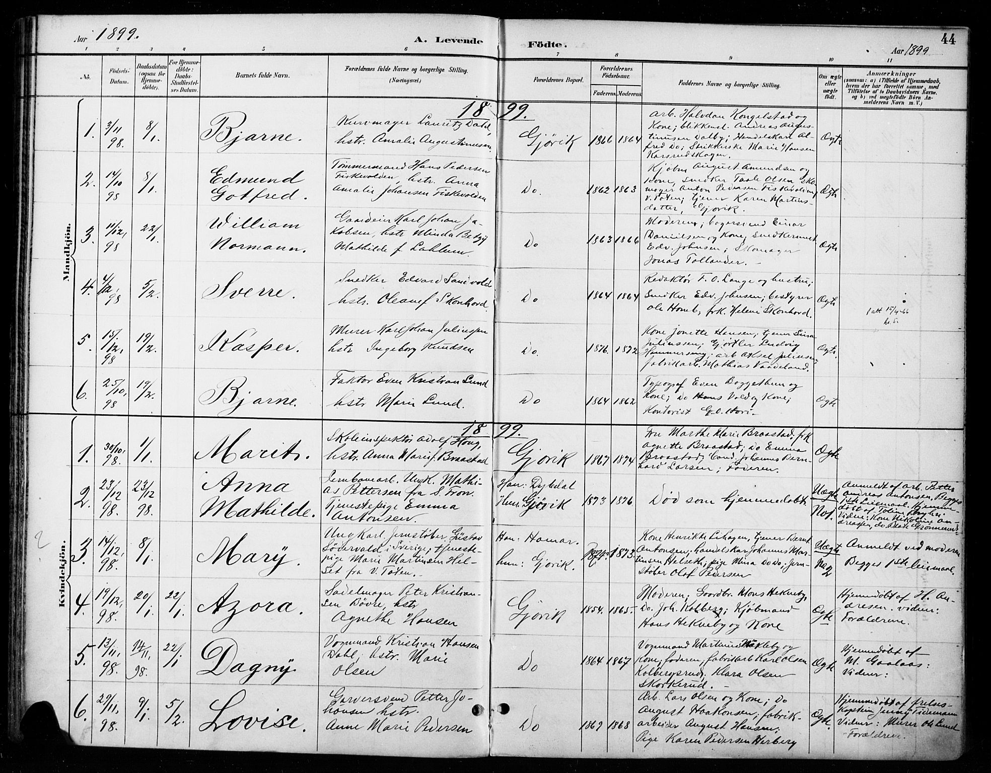 Vardal prestekontor, SAH/PREST-100/H/Ha/Haa/L0011: Parish register (official) no. 11, 1891-1901, p. 44