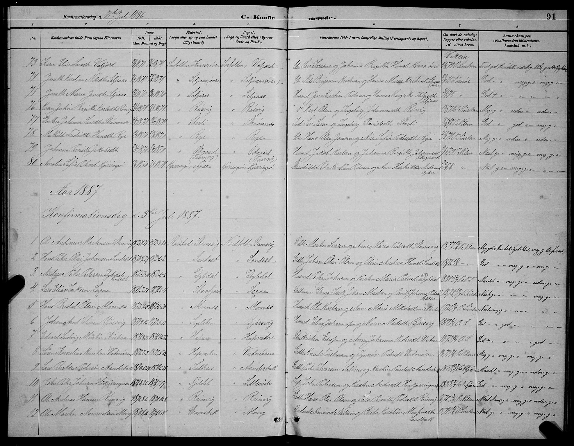 Ministerialprotokoller, klokkerbøker og fødselsregistre - Nordland, AV/SAT-A-1459/854/L0785: Parish register (copy) no. 854C01, 1883-1891, p. 91