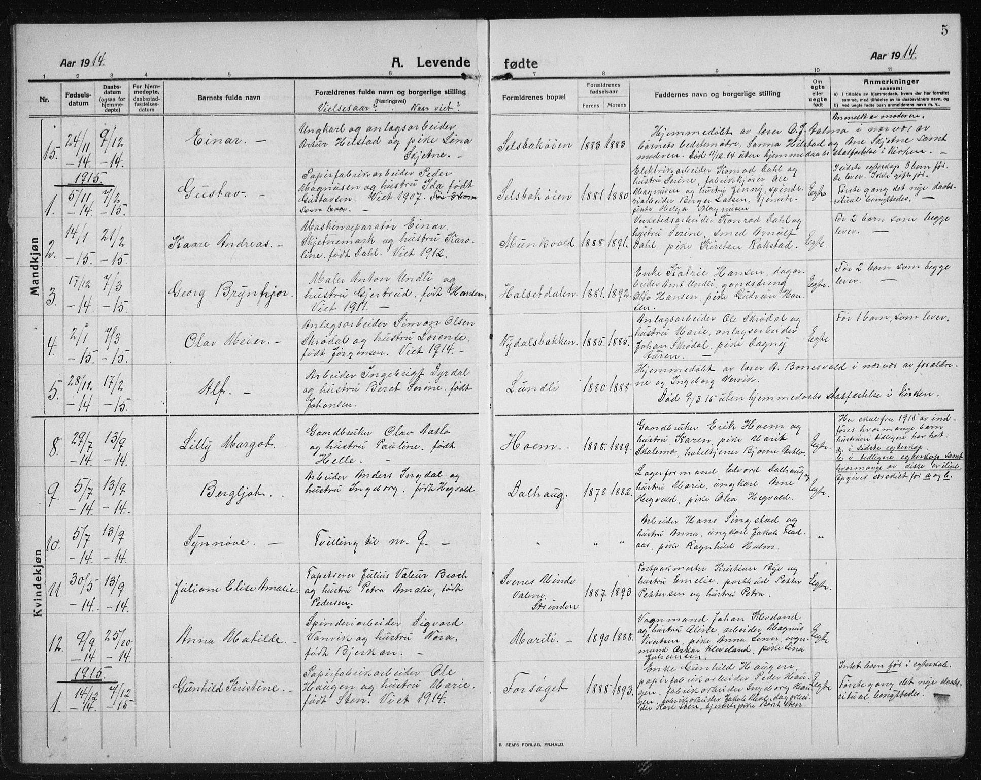 Ministerialprotokoller, klokkerbøker og fødselsregistre - Sør-Trøndelag, SAT/A-1456/611/L0356: Parish register (copy) no. 611C04, 1914-1938, p. 5