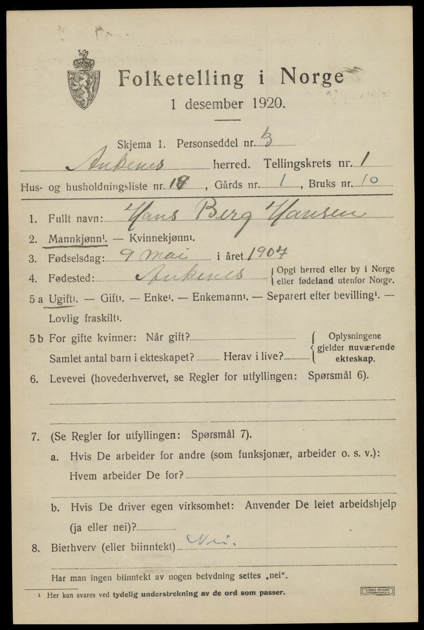 SAT, 1920 census for Ankenes, 1920, p. 1403