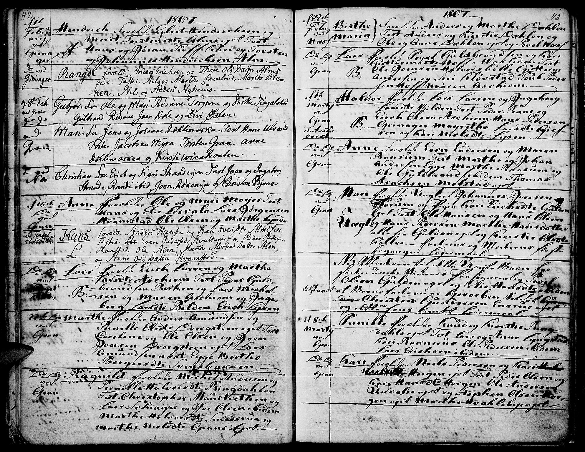 Gran prestekontor, AV/SAH-PREST-112/H/Ha/Haa/L0007: Parish register (official) no. 7, 1804-1815, p. 42-43