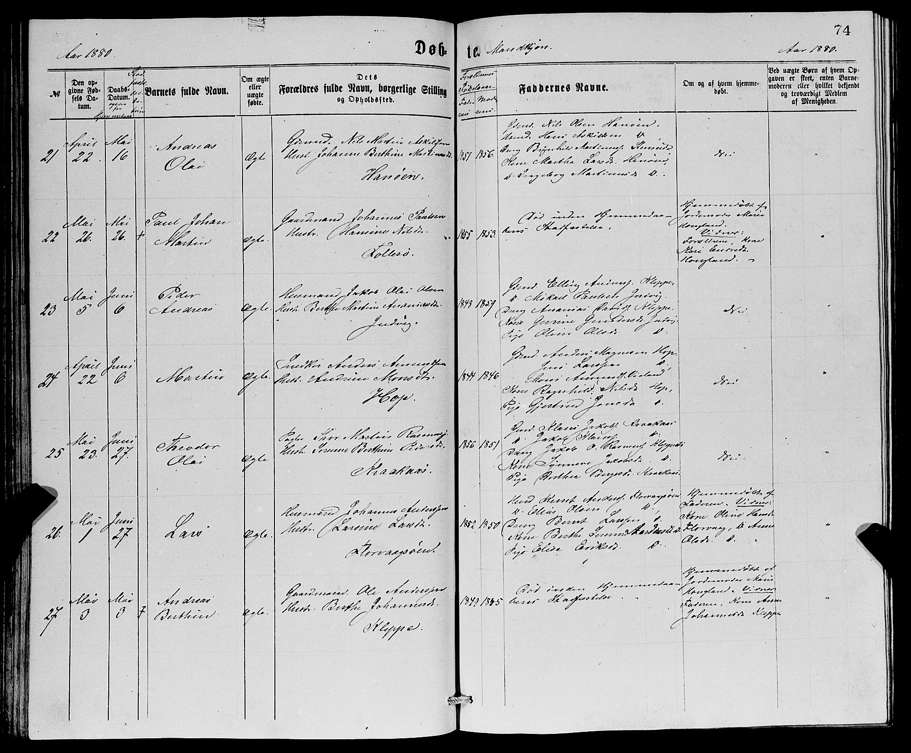 Askøy Sokneprestembete, AV/SAB-A-74101/H/Ha/Hab/Haba/L0007: Parish register (copy) no. A 7, 1871-1881, p. 74