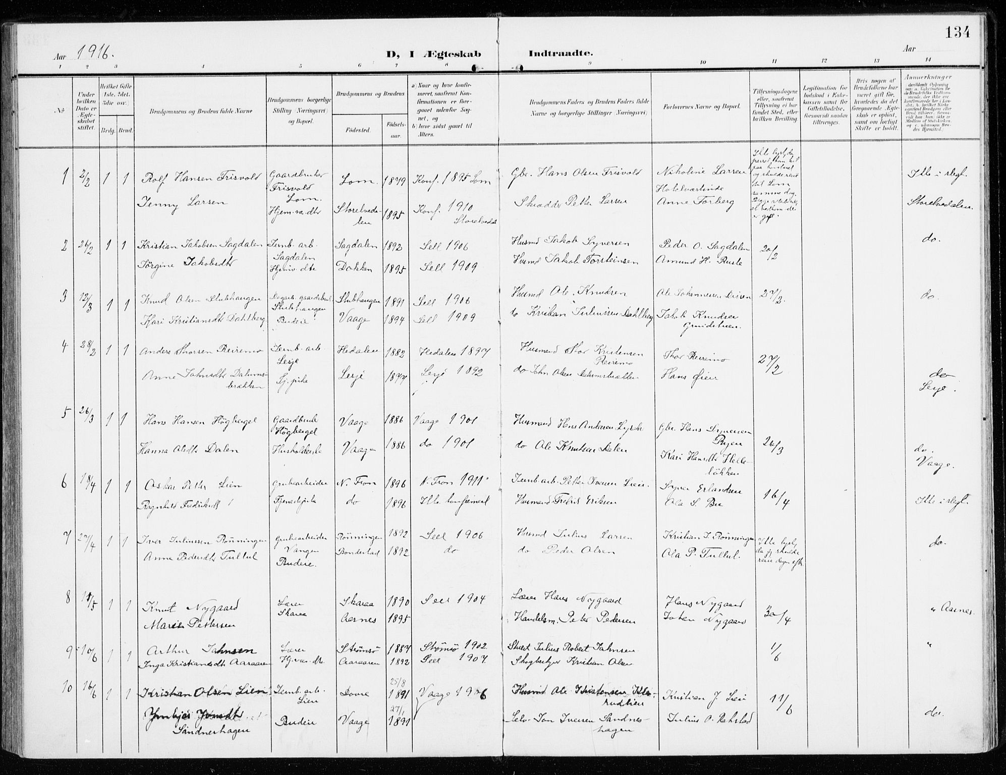 Sel prestekontor, SAH/PREST-074/H/Ha/Haa/L0002: Parish register (official) no. 2, 1905-1919, p. 134