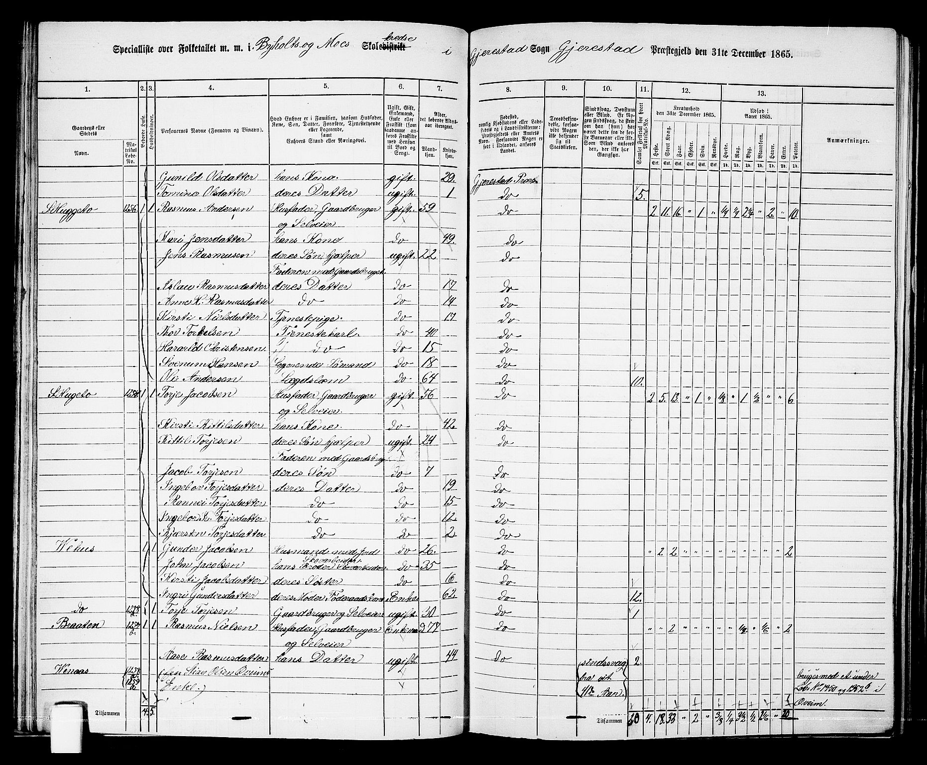 RA, 1865 census for Gjerstad, 1865, p. 39