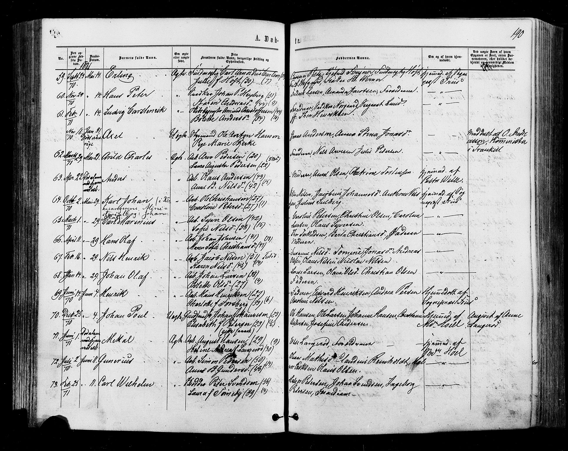 Halden prestekontor Kirkebøker, AV/SAO-A-10909/F/Fa/L0009: Parish register (official) no. I 9, 1866-1877, p. 190