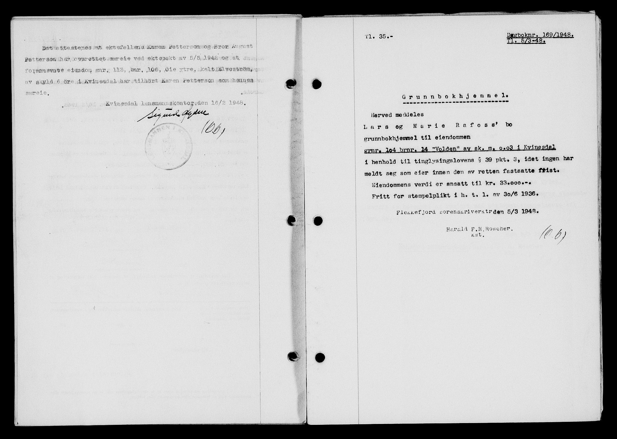 Flekkefjord sorenskriveri, SAK/1221-0001/G/Gb/Gba/L0063: Mortgage book no. A-11, 1947-1948, Diary no: : 169/1948