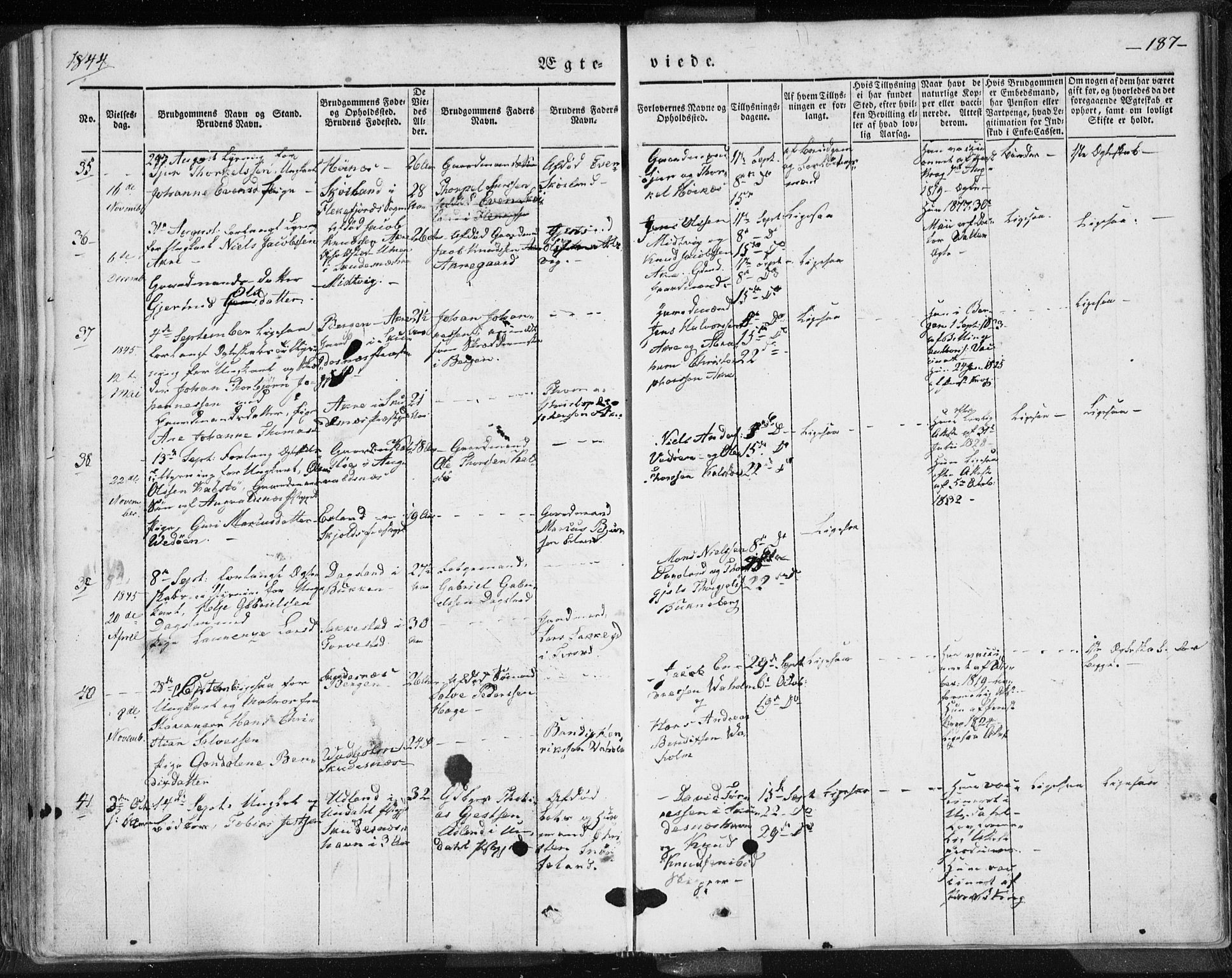 Skudenes sokneprestkontor, SAST/A -101849/H/Ha/Haa/L0002: Parish register (official) no. A 2.1, 1841-1846, p. 187