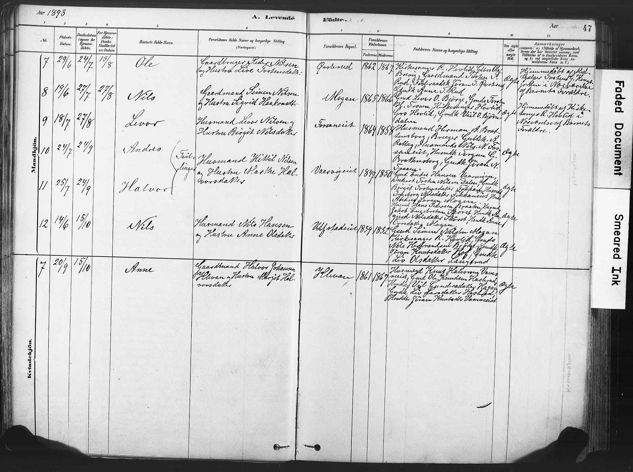 Rollag kirkebøker, AV/SAKO-A-240/F/Fa/L0011: Parish register (official) no. I 11, 1878-1902, p. 47