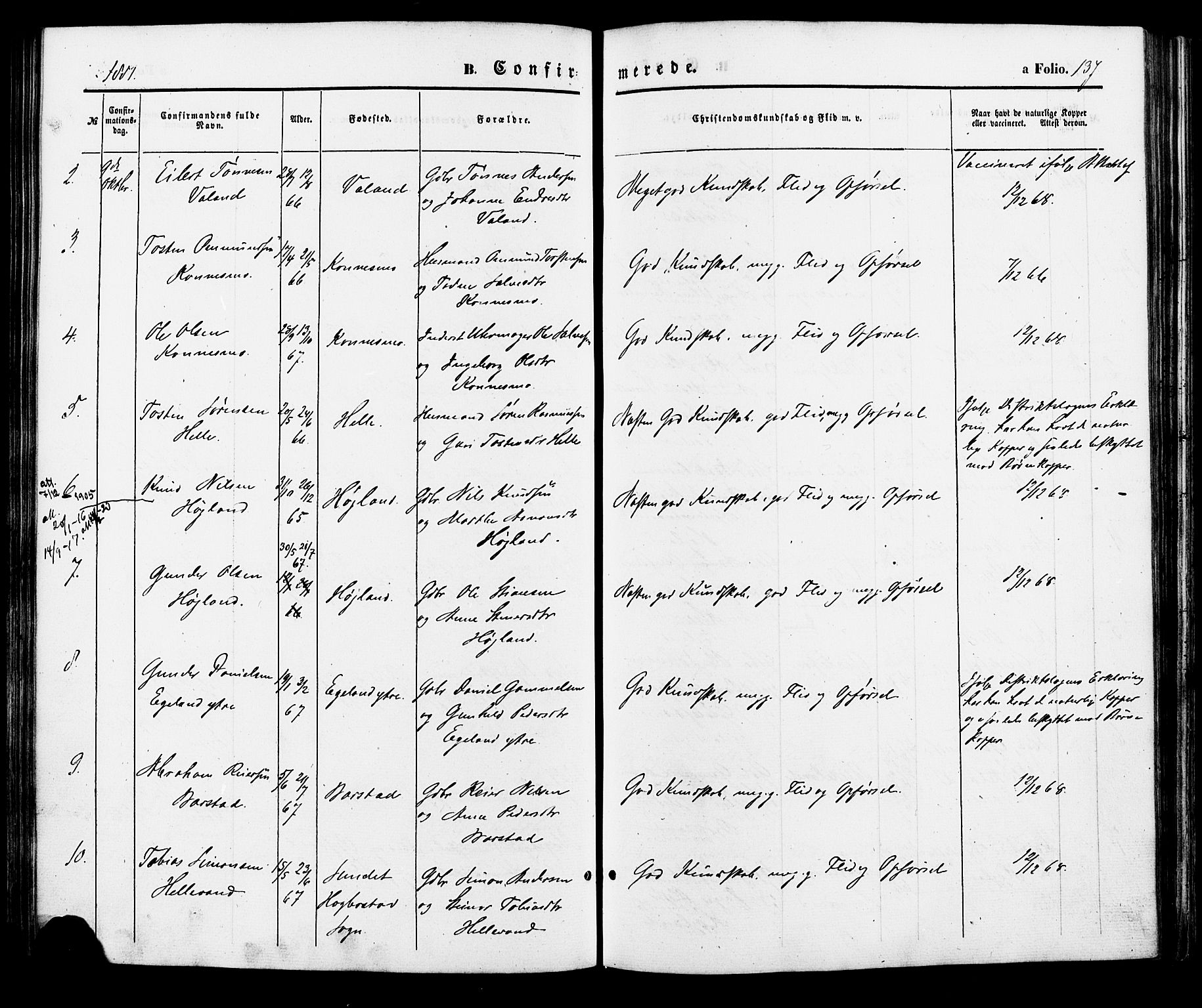 Nord-Audnedal sokneprestkontor, AV/SAK-1111-0032/F/Fa/Faa/L0002: Parish register (official) no. A 2, 1857-1882, p. 137