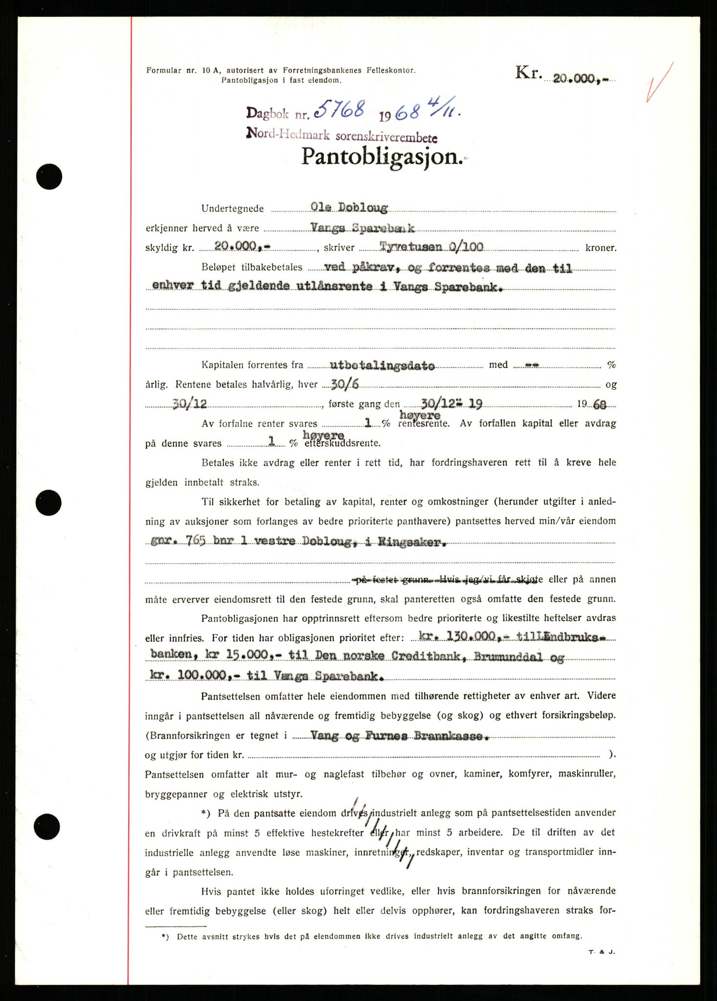 Nord-Hedmark sorenskriveri, SAH/TING-012/H/Hb/Hbf/L0077: Mortgage book no. B77, 1968-1969, Diary no: : 5768/1968