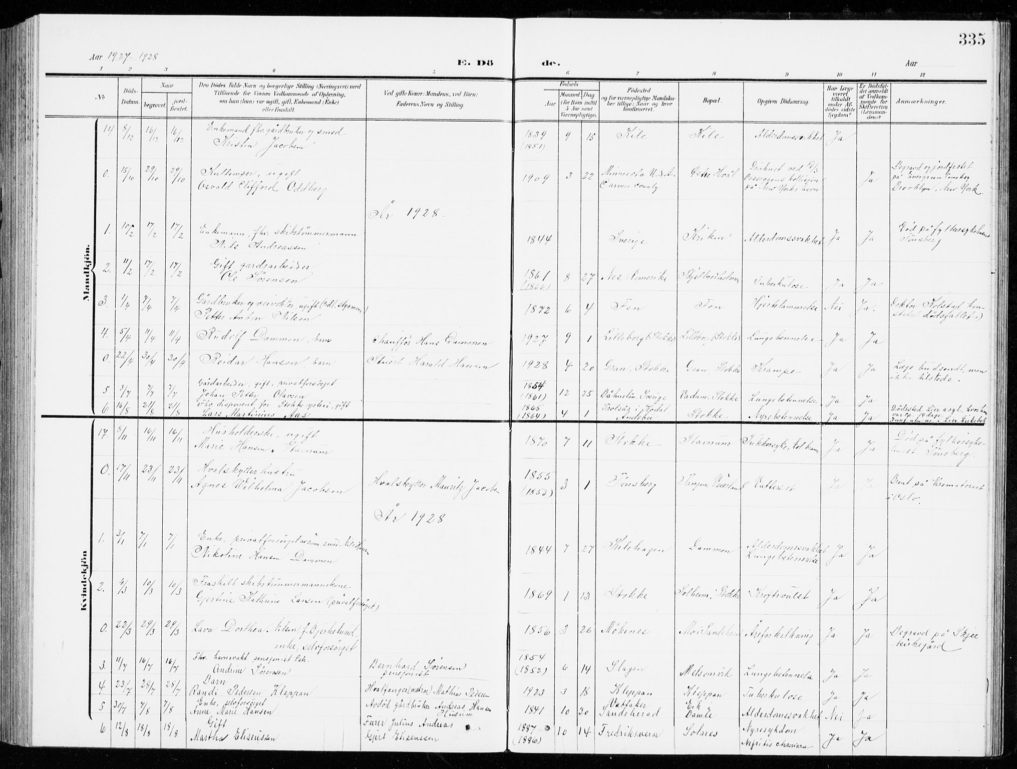 Stokke kirkebøker, SAKO/A-320/G/Ga/L0001: Parish register (copy) no. I 1, 1904-1940, p. 335
