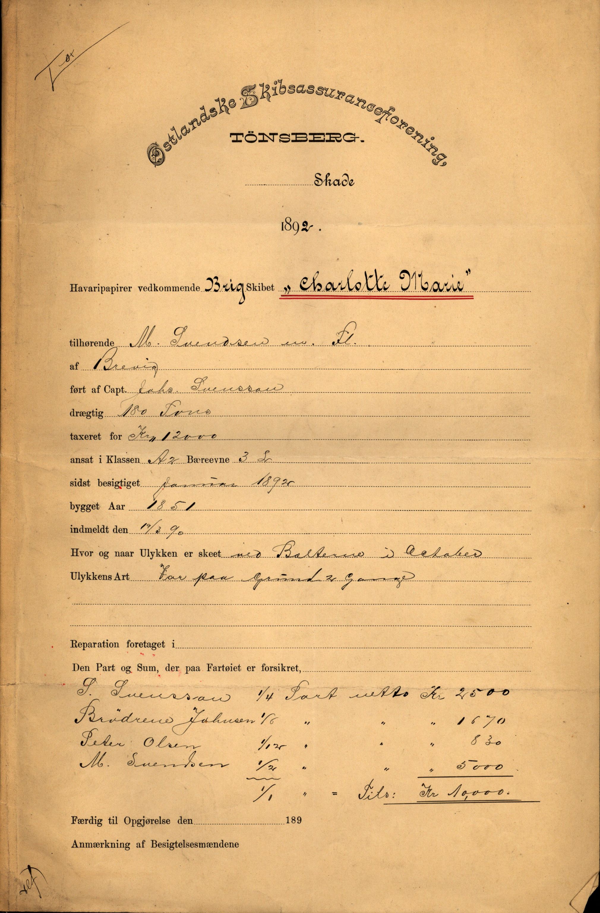 Pa 63 - Østlandske skibsassuranceforening, VEMU/A-1079/G/Ga/L0029/0001: Havaridokumenter / Charlotte, Marie, Cara, 1892, p. 1