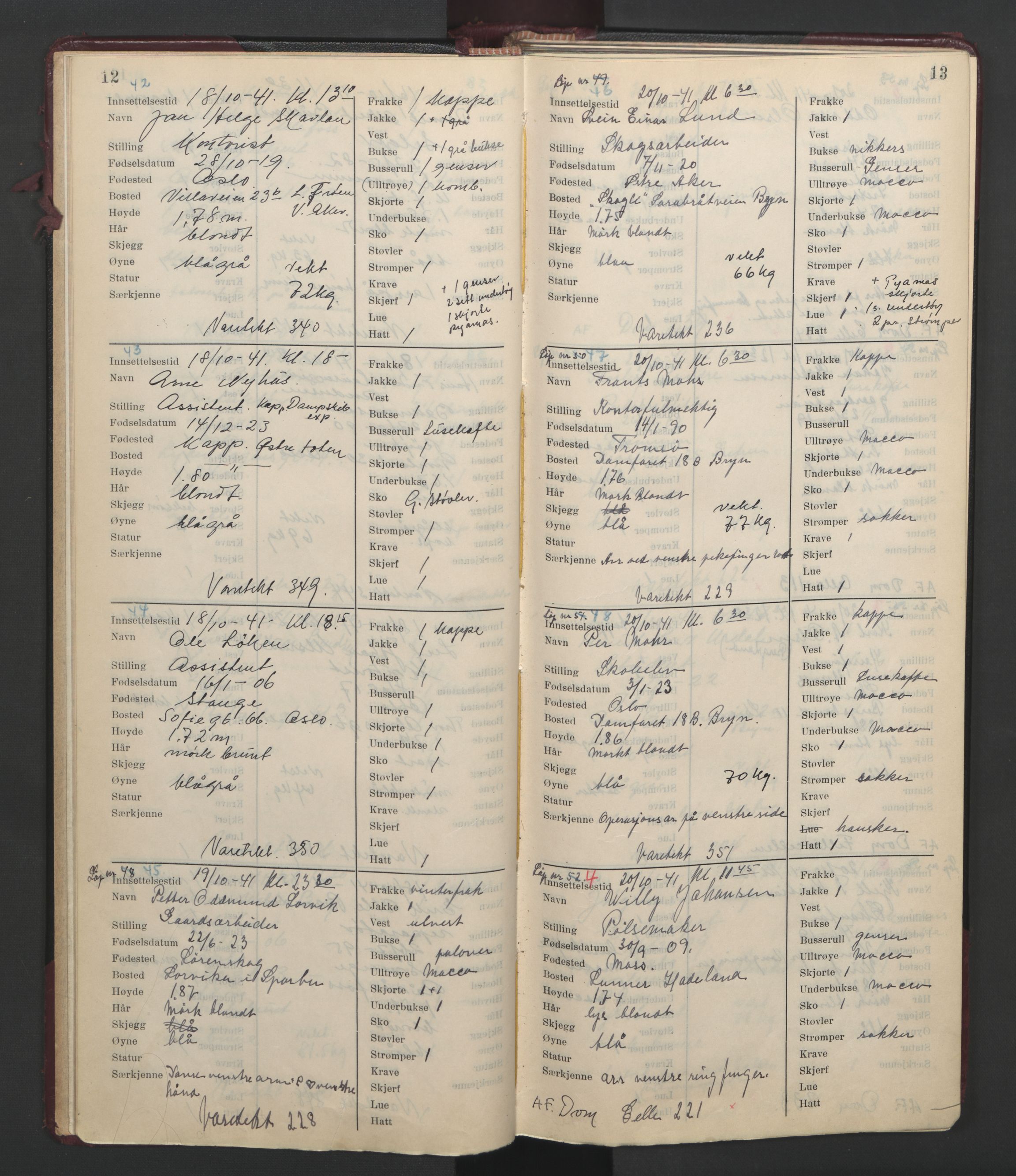 Statspolitiet - Hovedkontoret / Osloavdelingen, AV/RA-S-1329/C/Cl/L0014: Mottakelsesprotokoll, 1941-1944, p. 12-13