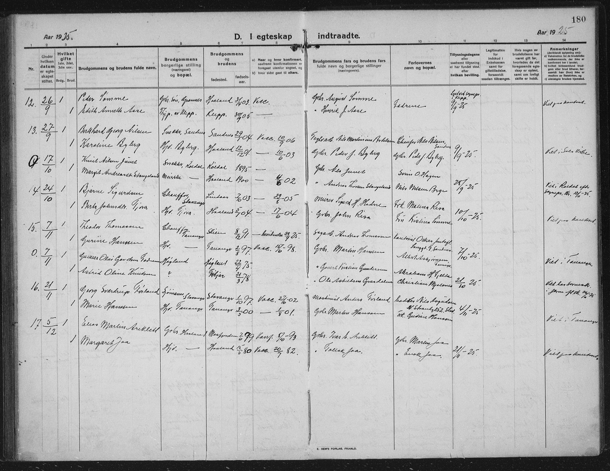 Håland sokneprestkontor, SAST/A-101802/002/C/L0001: Parish register (official) no. A 14, 1913-1927, p. 180