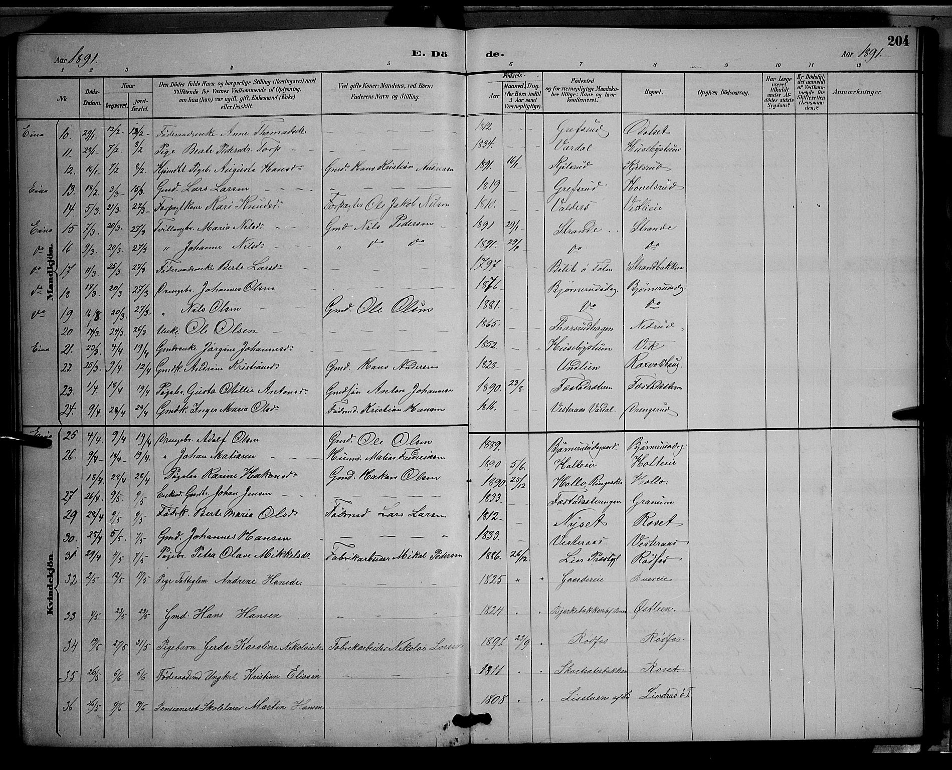 Vestre Toten prestekontor, SAH/PREST-108/H/Ha/Hab/L0009: Parish register (copy) no. 9, 1888-1900, p. 204