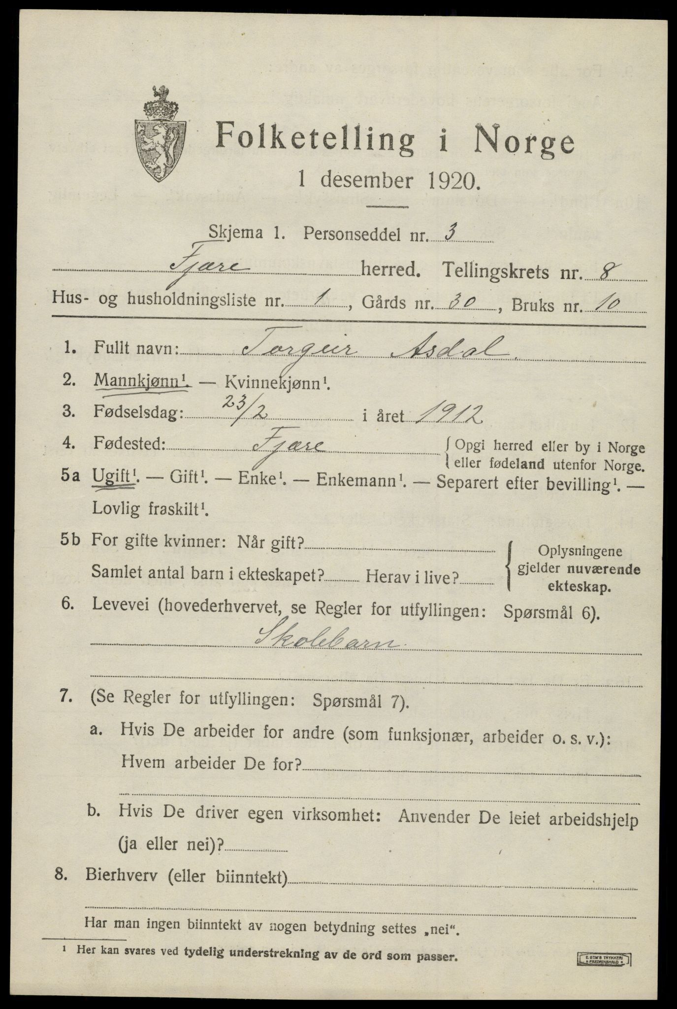 SAK, 1920 census for Fjære, 1920, p. 10391