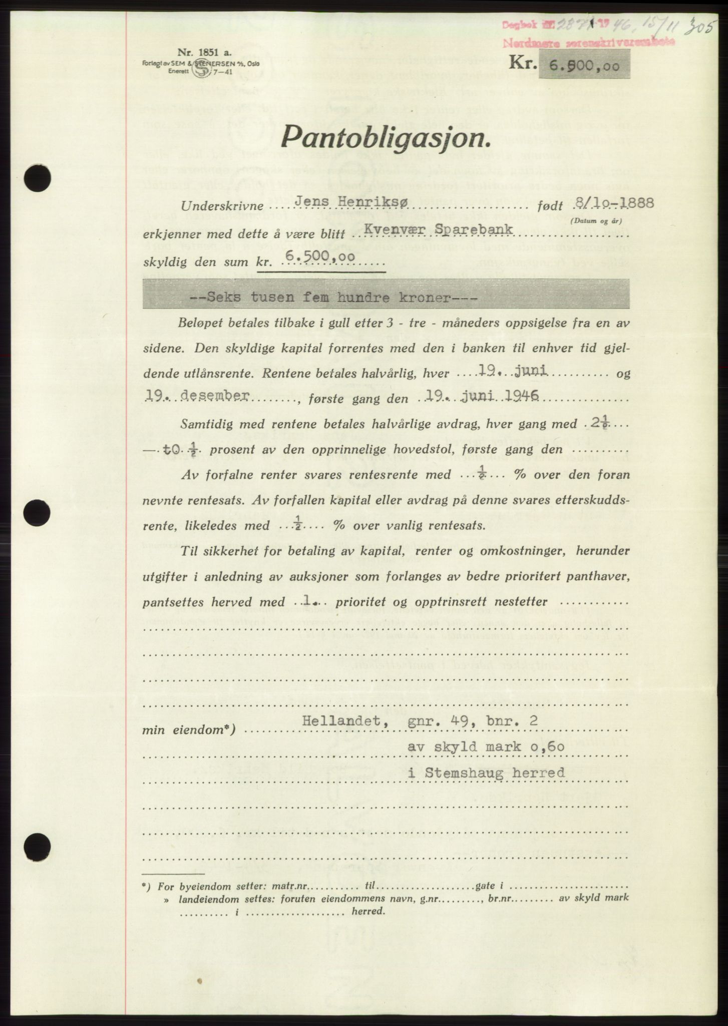 Nordmøre sorenskriveri, AV/SAT-A-4132/1/2/2Ca: Mortgage book no. B95, 1946-1947, Diary no: : 2371/1946