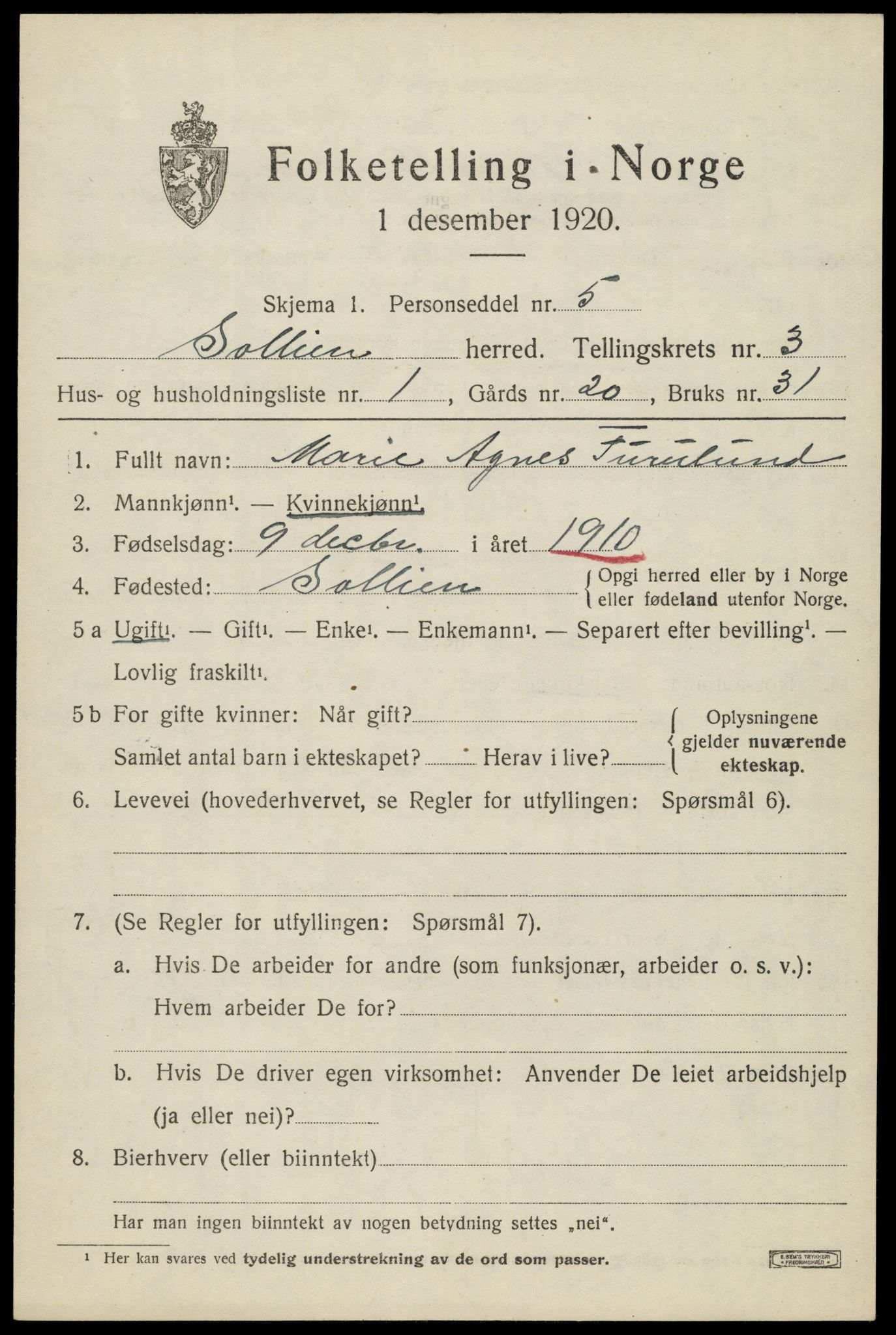 SAH, 1920 census for Sollia, 1920, p. 681