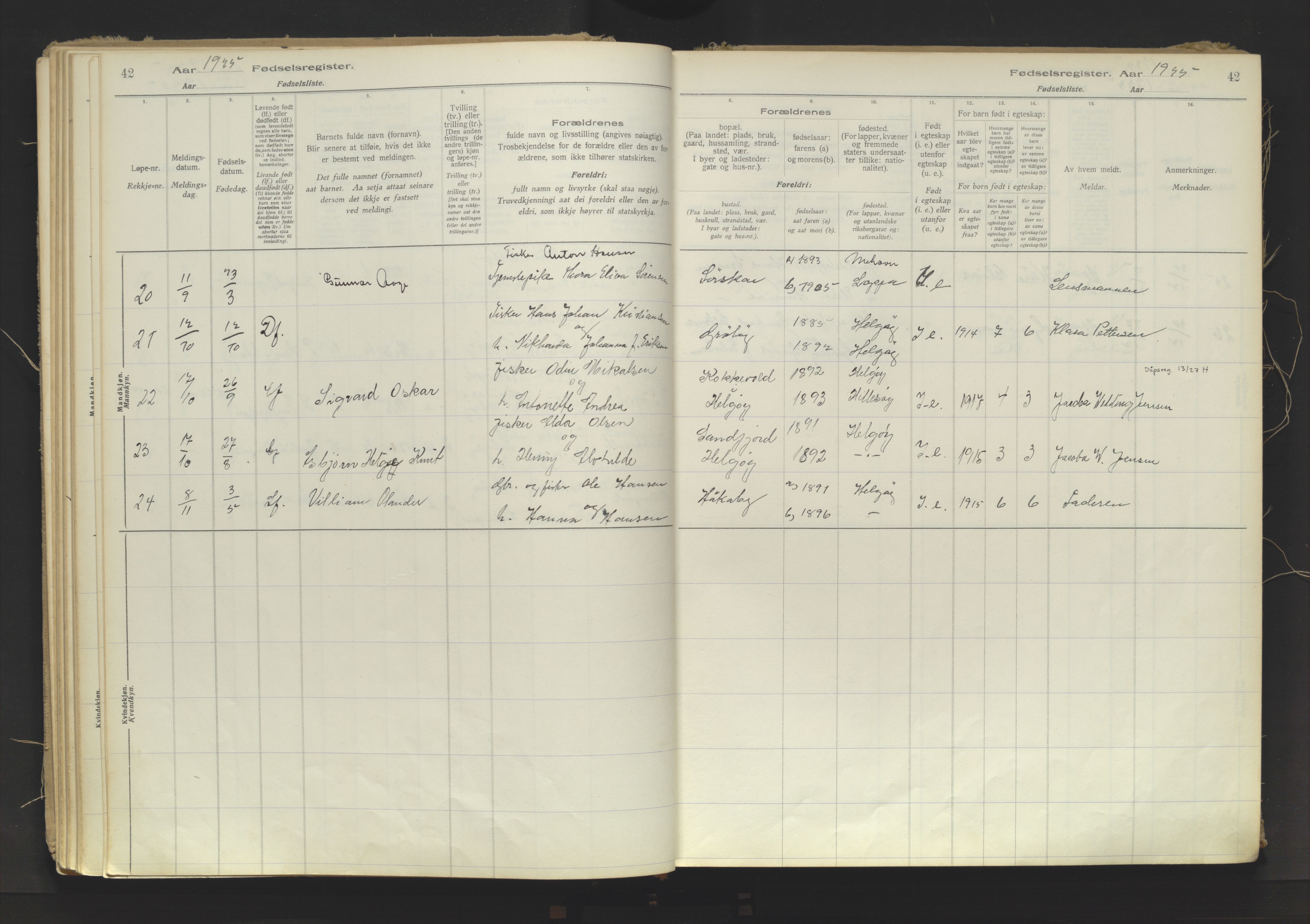 Karlsøy sokneprestembete, SATØ/S-1299/I/Ic/L0067: Birth register no. 67, 1916-1958, p. 42