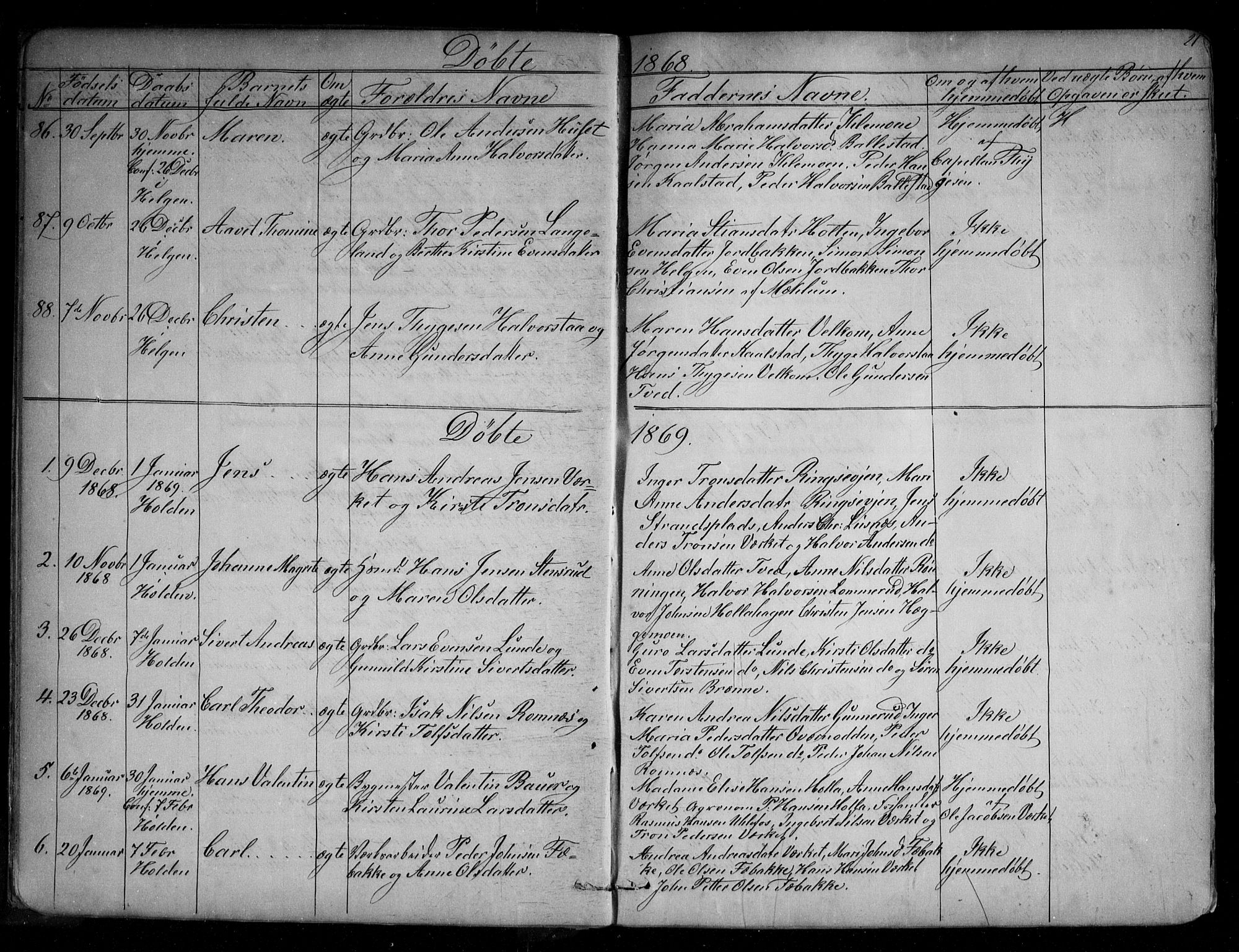 Holla kirkebøker, SAKO/A-272/G/Ga/L0004: Parish register (copy) no. I 4, 1867-1890, p. 21