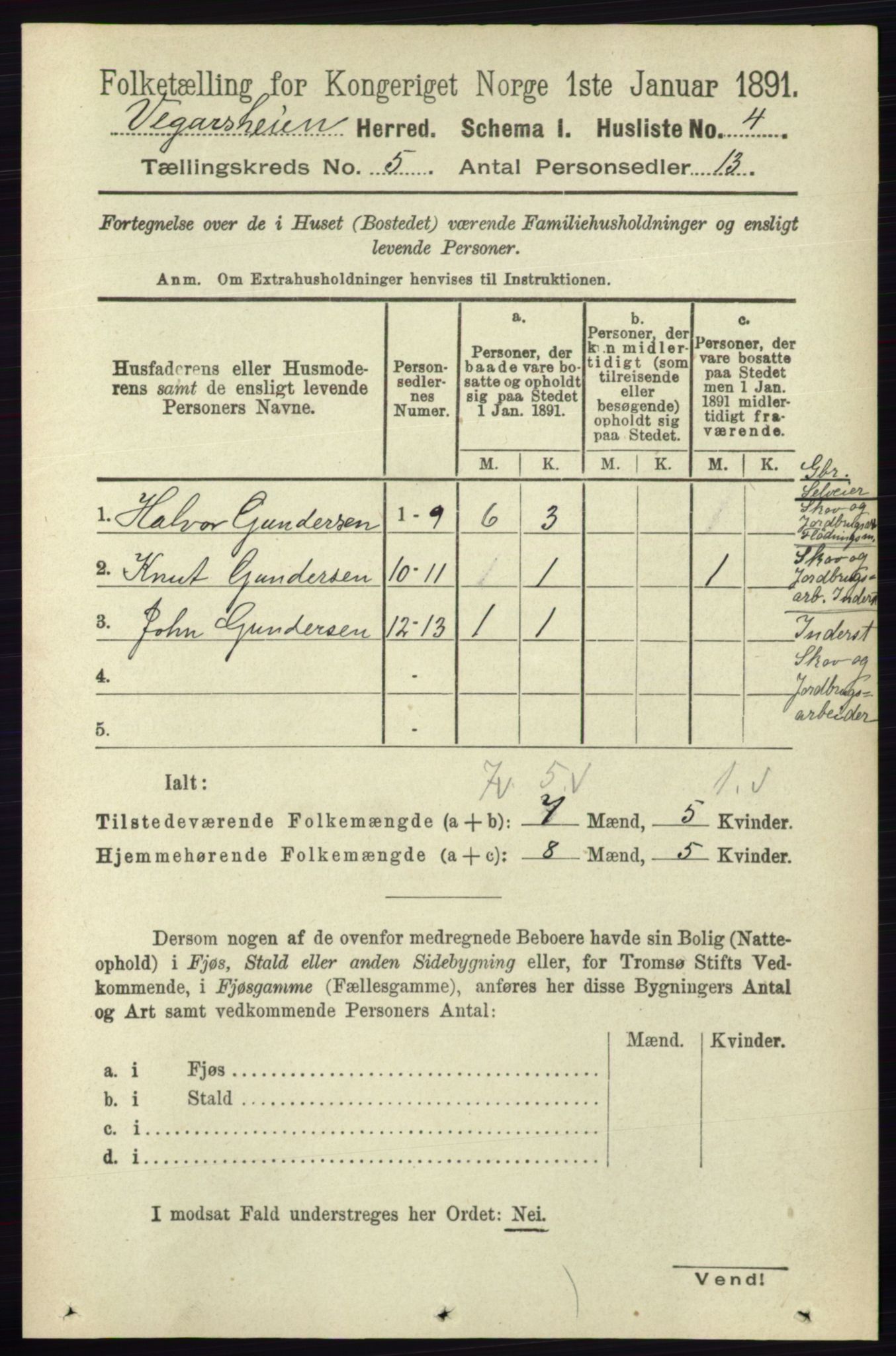 RA, 1891 census for 0912 Vegårshei, 1891, p. 946