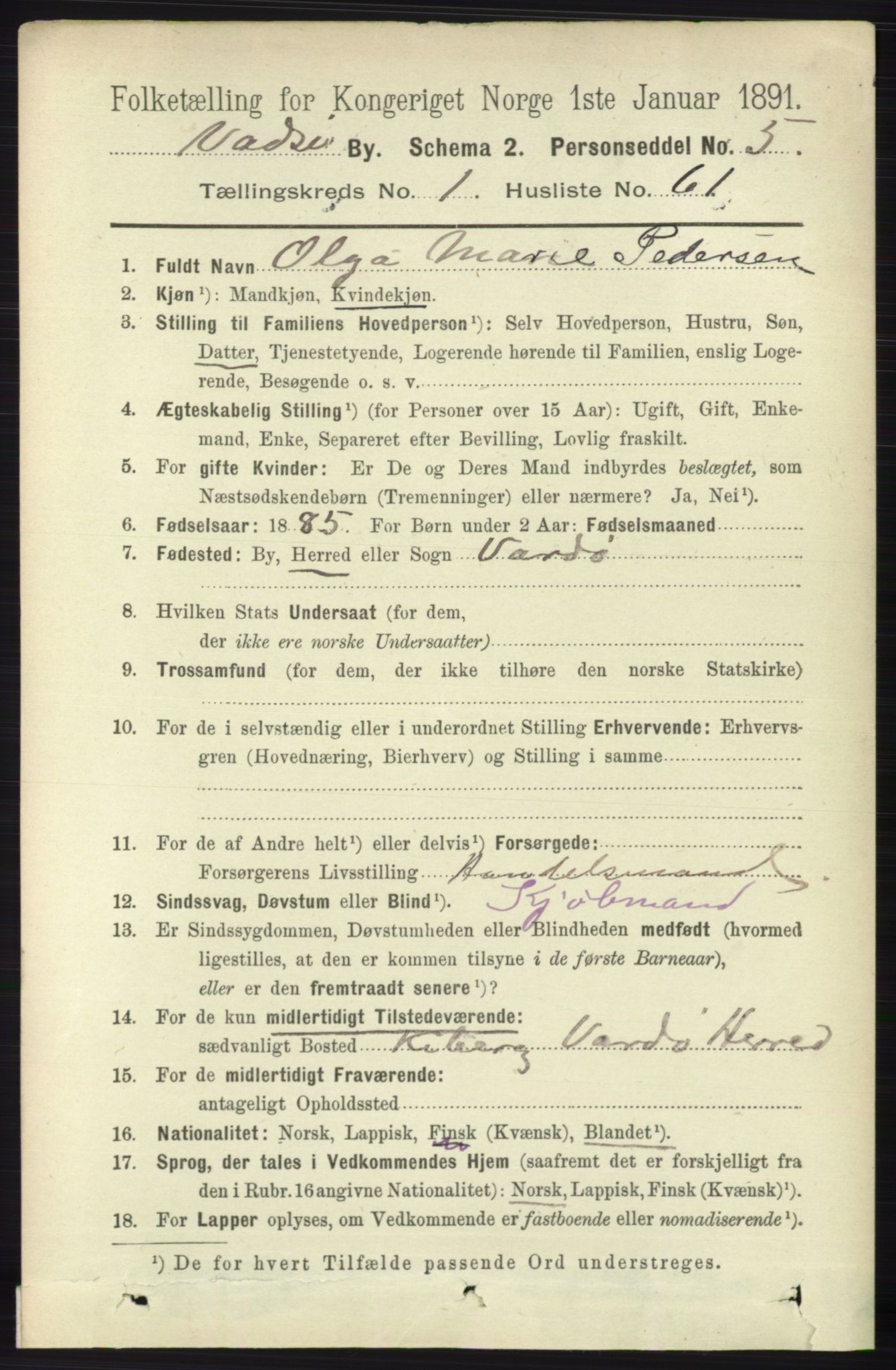 RA, 1891 census for 2003 Vadsø, 1891, p. 584