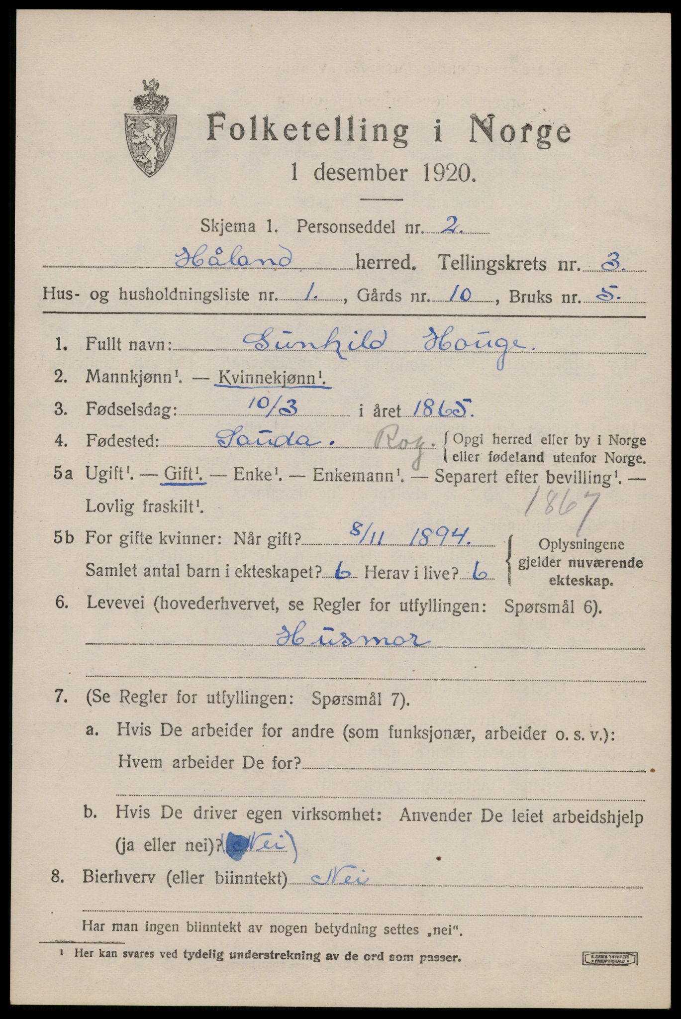 SAST, 1920 census for Håland, 1920, p. 3011