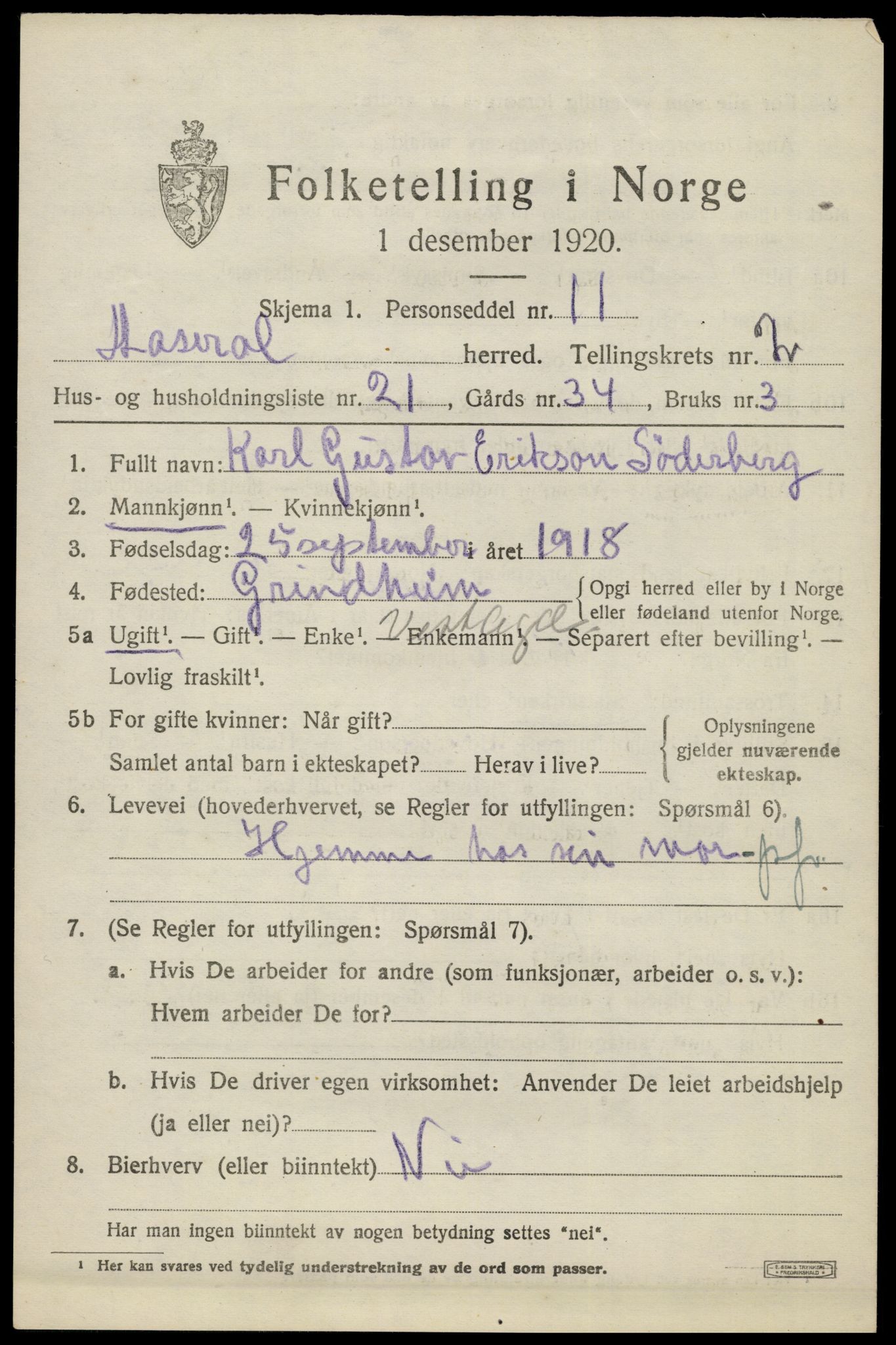 SAK, 1920 census for Åseral, 1920, p. 994