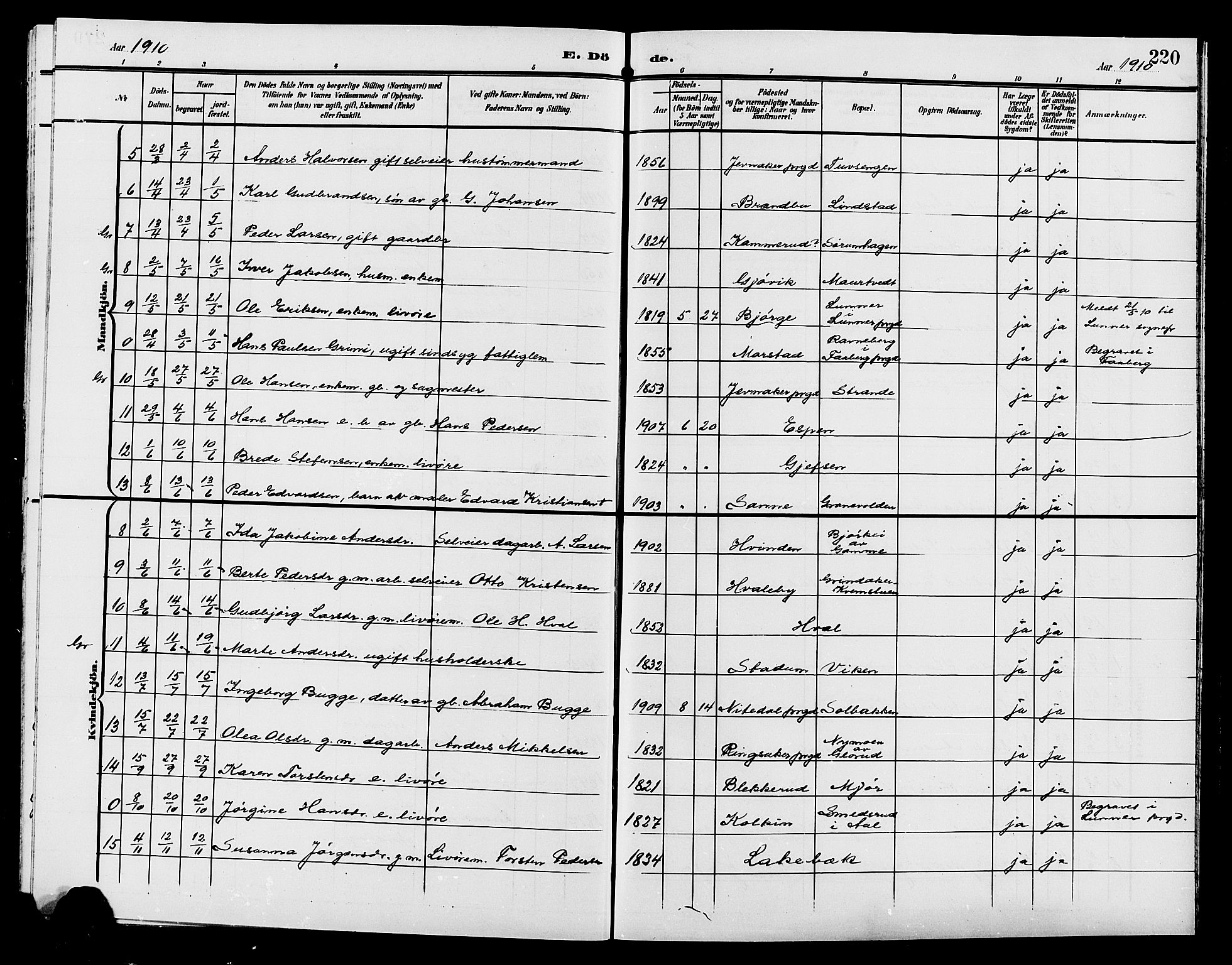 Gran prestekontor, SAH/PREST-112/H/Ha/Hab/L0006: Parish register (copy) no. 6, 1901-1911, p. 220