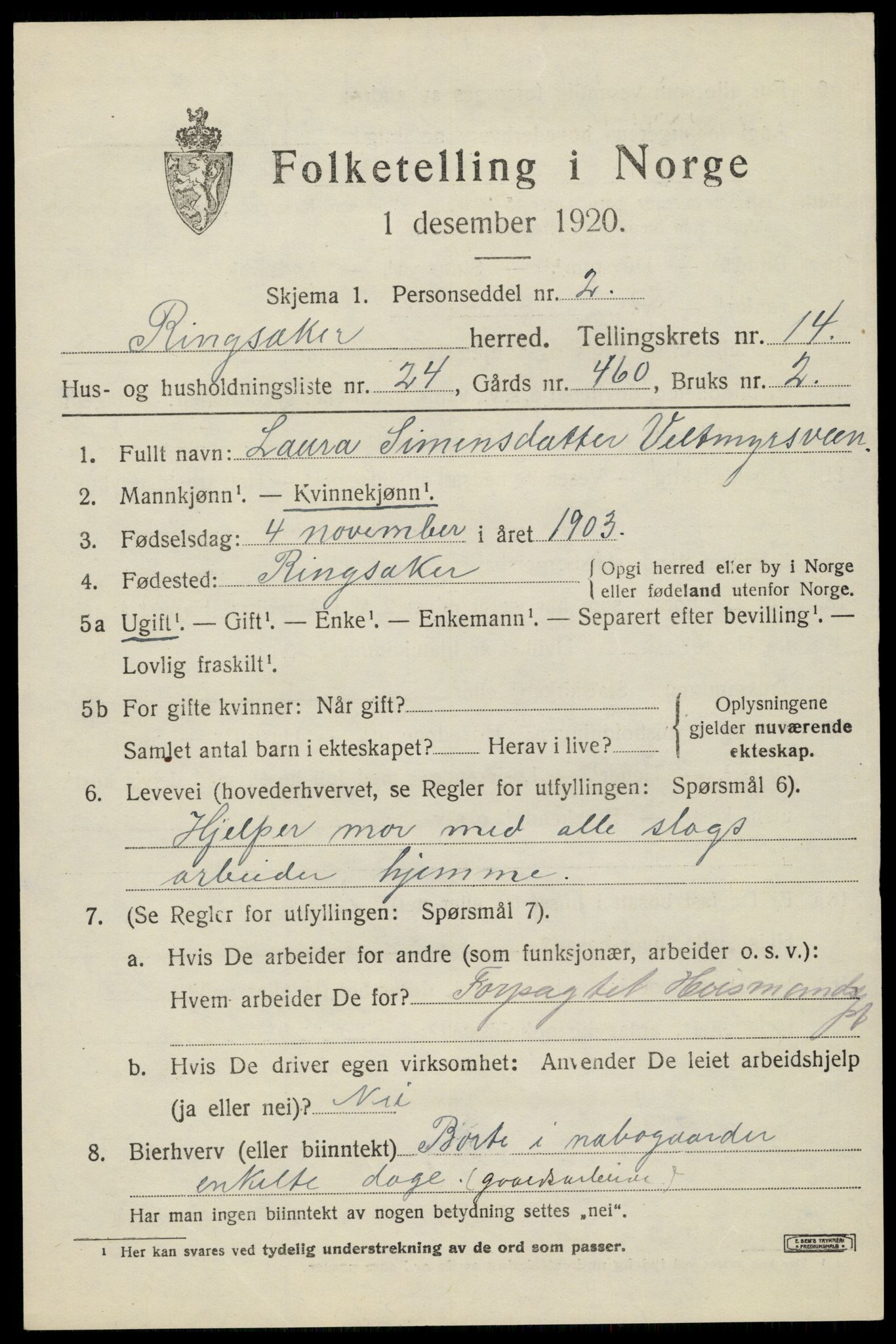 SAH, 1920 census for Ringsaker, 1920, p. 21852