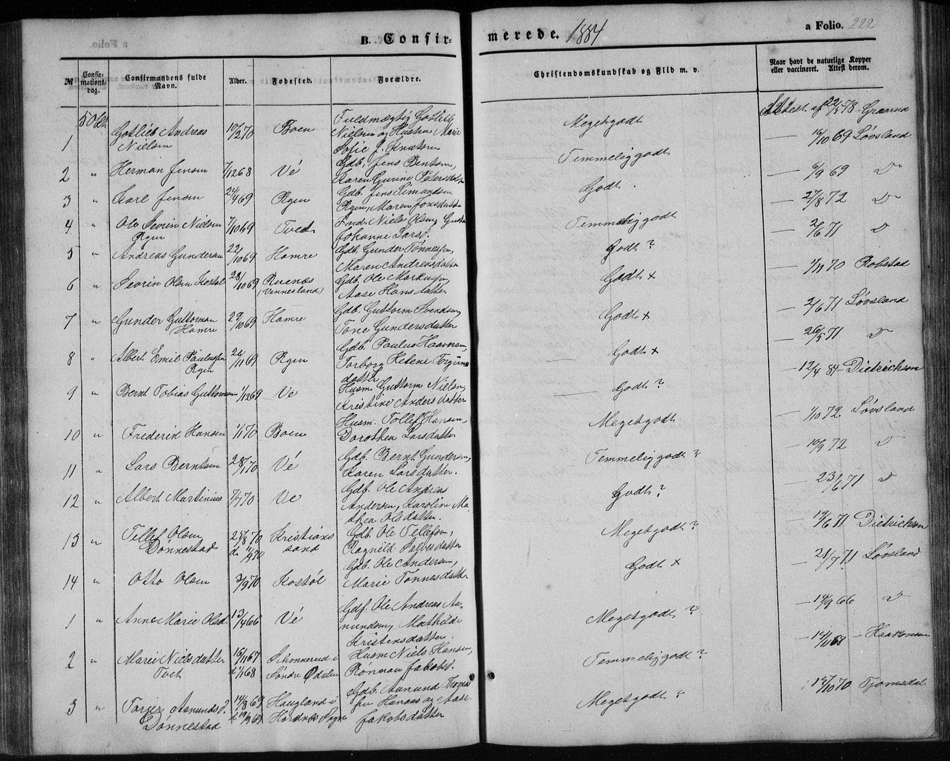 Tveit sokneprestkontor, AV/SAK-1111-0043/F/Fb/L0003: Parish register (copy) no. B 3, 1854-1886, p. 222