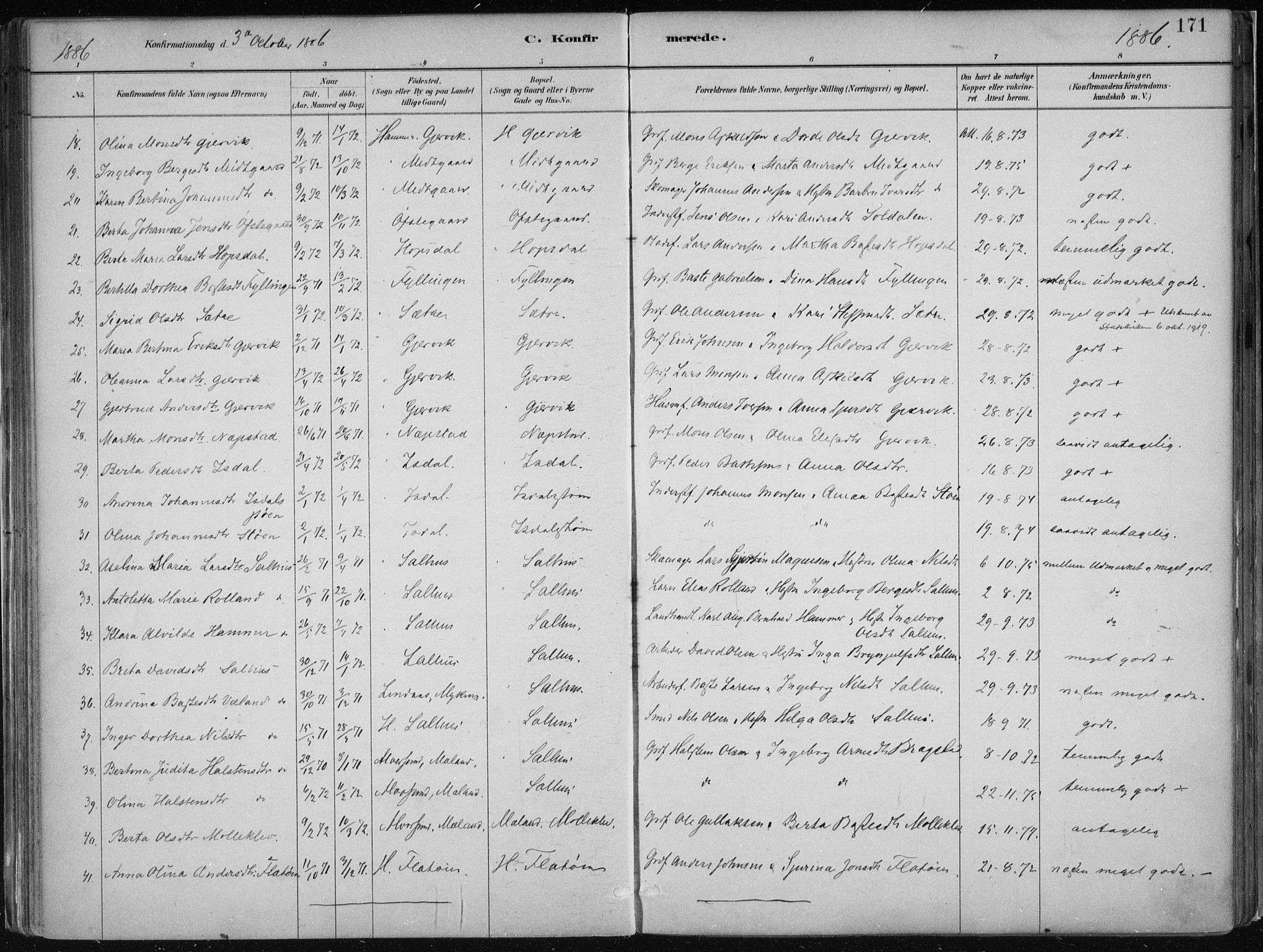 Hamre sokneprestembete, AV/SAB-A-75501/H/Ha/Haa/Haab/L0001: Parish register (official) no. B  1, 1882-1905, p. 171