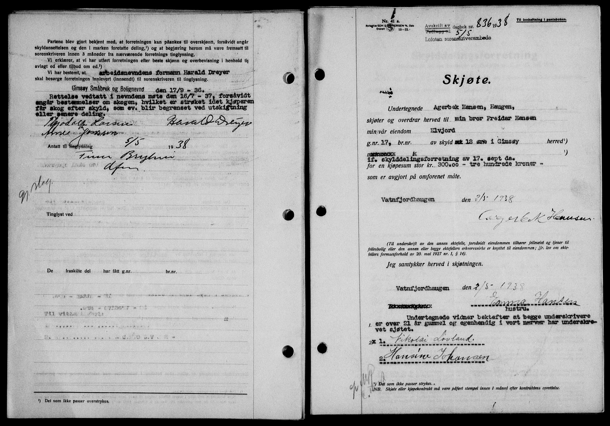 Lofoten sorenskriveri, SAT/A-0017/1/2/2C/L0004a: Mortgage book no. 4a, 1938-1938, Diary no: : 836/1938