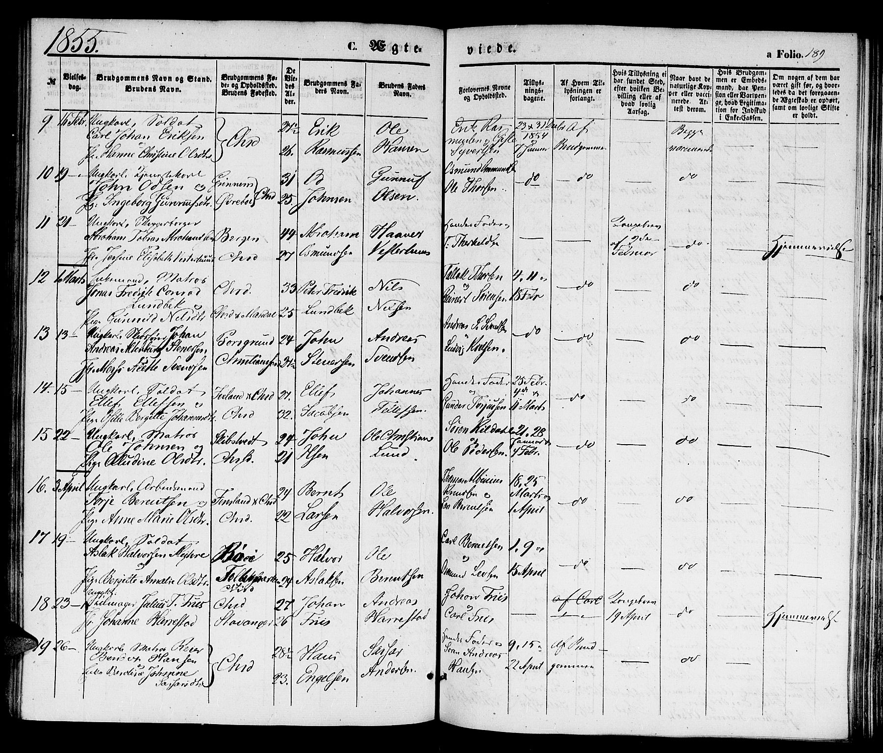 Kristiansand domprosti, SAK/1112-0006/F/Fb/L0011: Parish register (copy) no. B 11, 1851-1861, p. 189