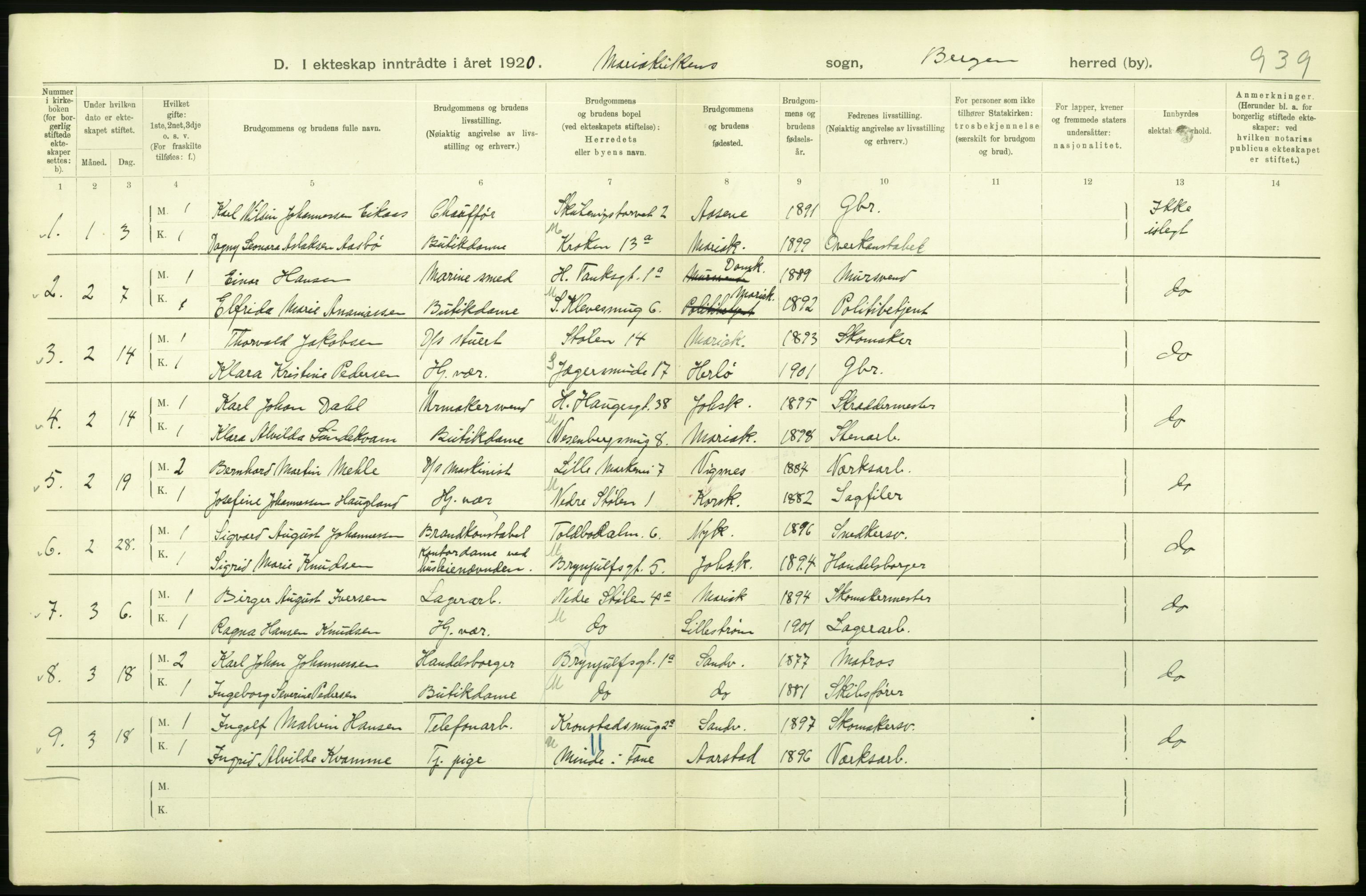 Statistisk sentralbyrå, Sosiodemografiske emner, Befolkning, AV/RA-S-2228/D/Df/Dfb/Dfbj/L0042: Bergen: Gifte, døde, dødfødte., 1920, p. 100