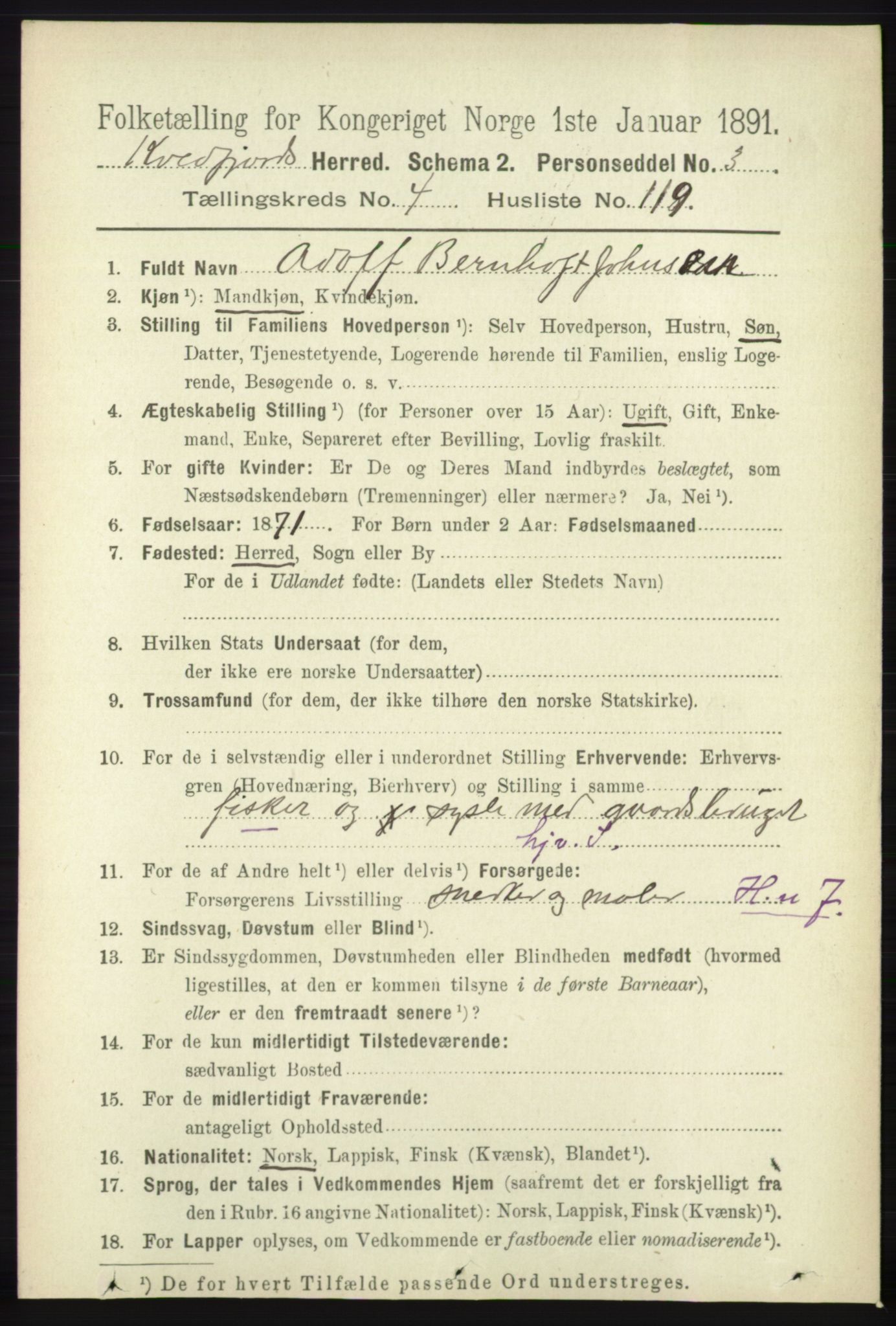 RA, 1891 census for 1911 Kvæfjord, 1891, p. 2654