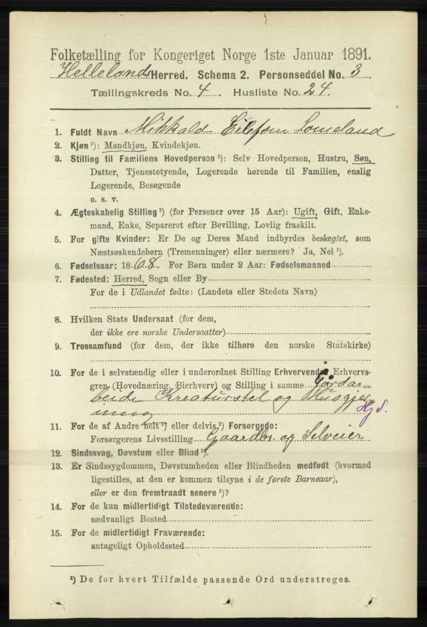 RA, 1891 census for 1115 Helleland, 1891, p. 1309