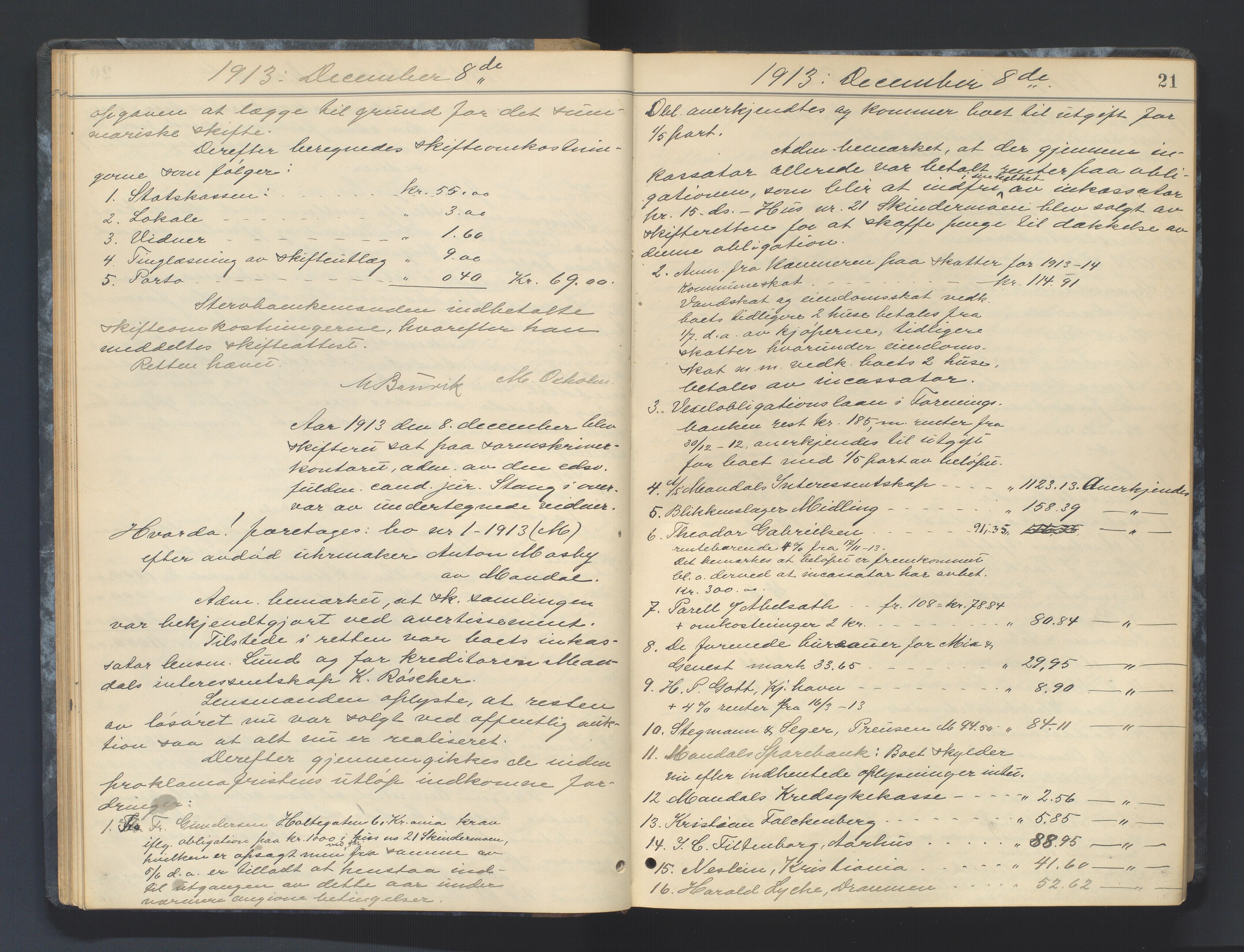 Mandal sorenskriveri, AV/SAK-1221-0005/001/H/Hc/L0082: Skifteforhandlingsprotokoll nr 14, 1913-1917, p. 21