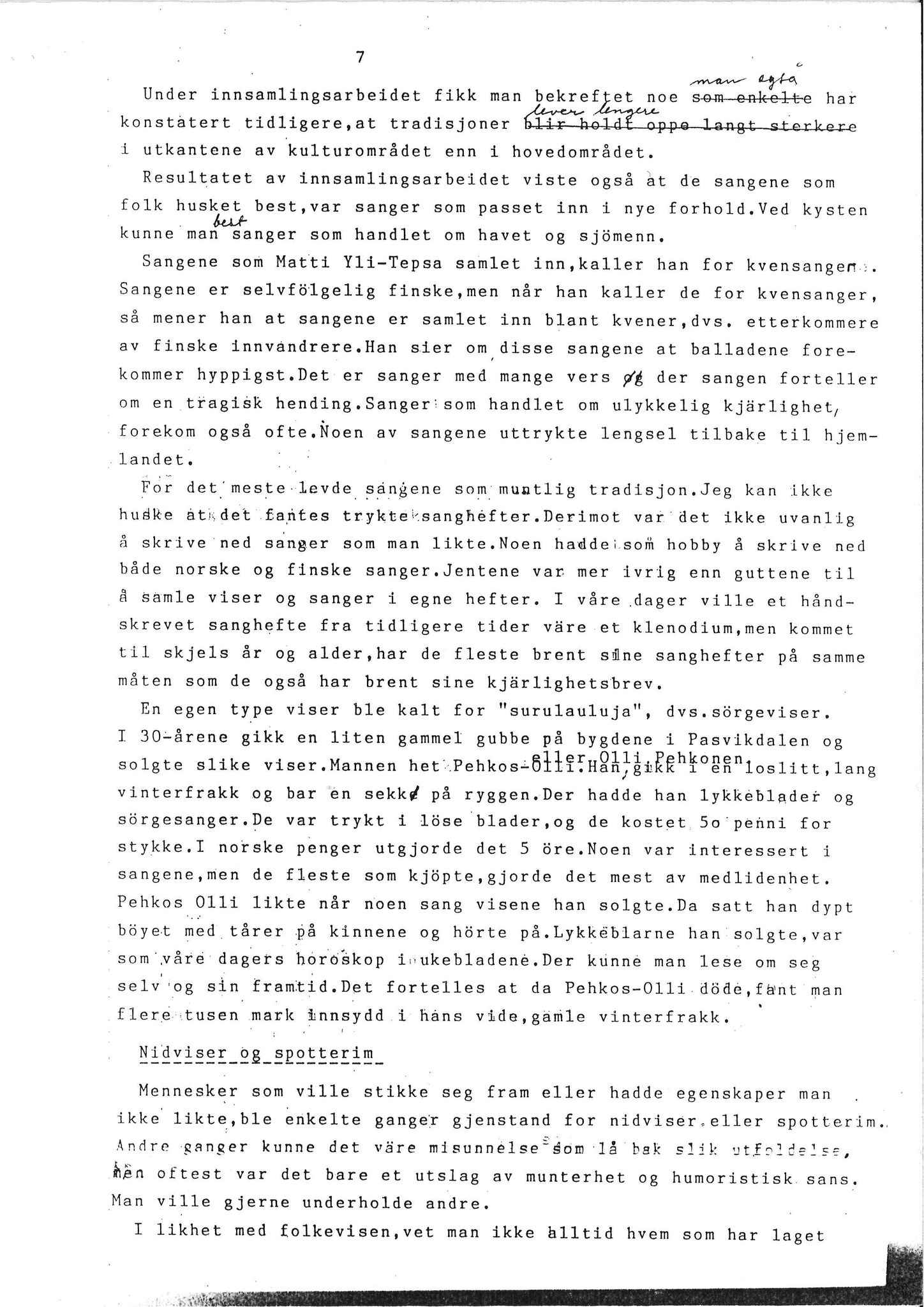 Vadsø museum - Ruija kvenmuseum, VAMU/A-0531/G/L0001/0001: Innsamling / Innsamling av kvenmusikk, 1987-1988, p. 7