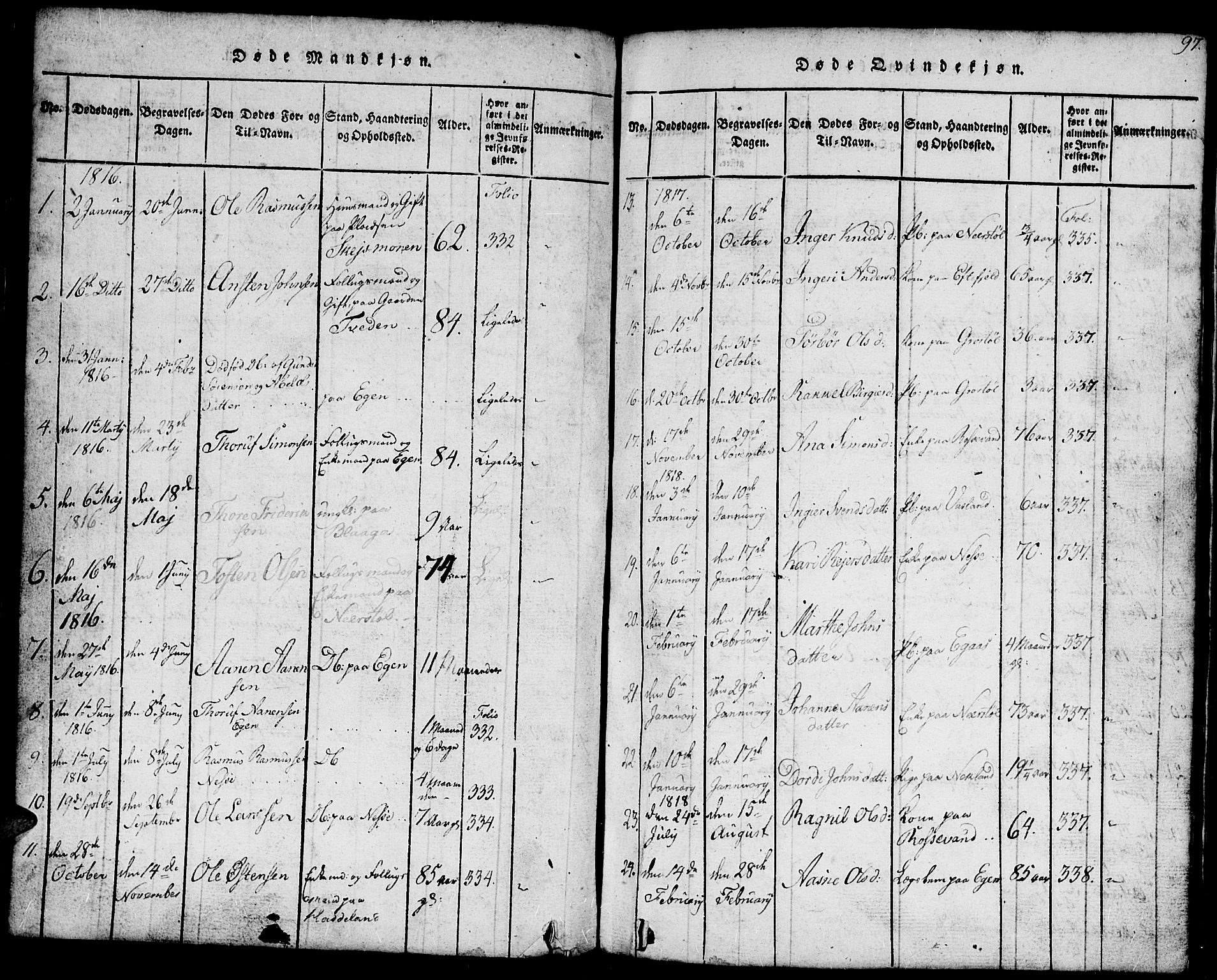 Hægebostad sokneprestkontor, SAK/1111-0024/F/Fb/Fbb/L0001: Parish register (copy) no. B 1, 1816-1850, p. 97