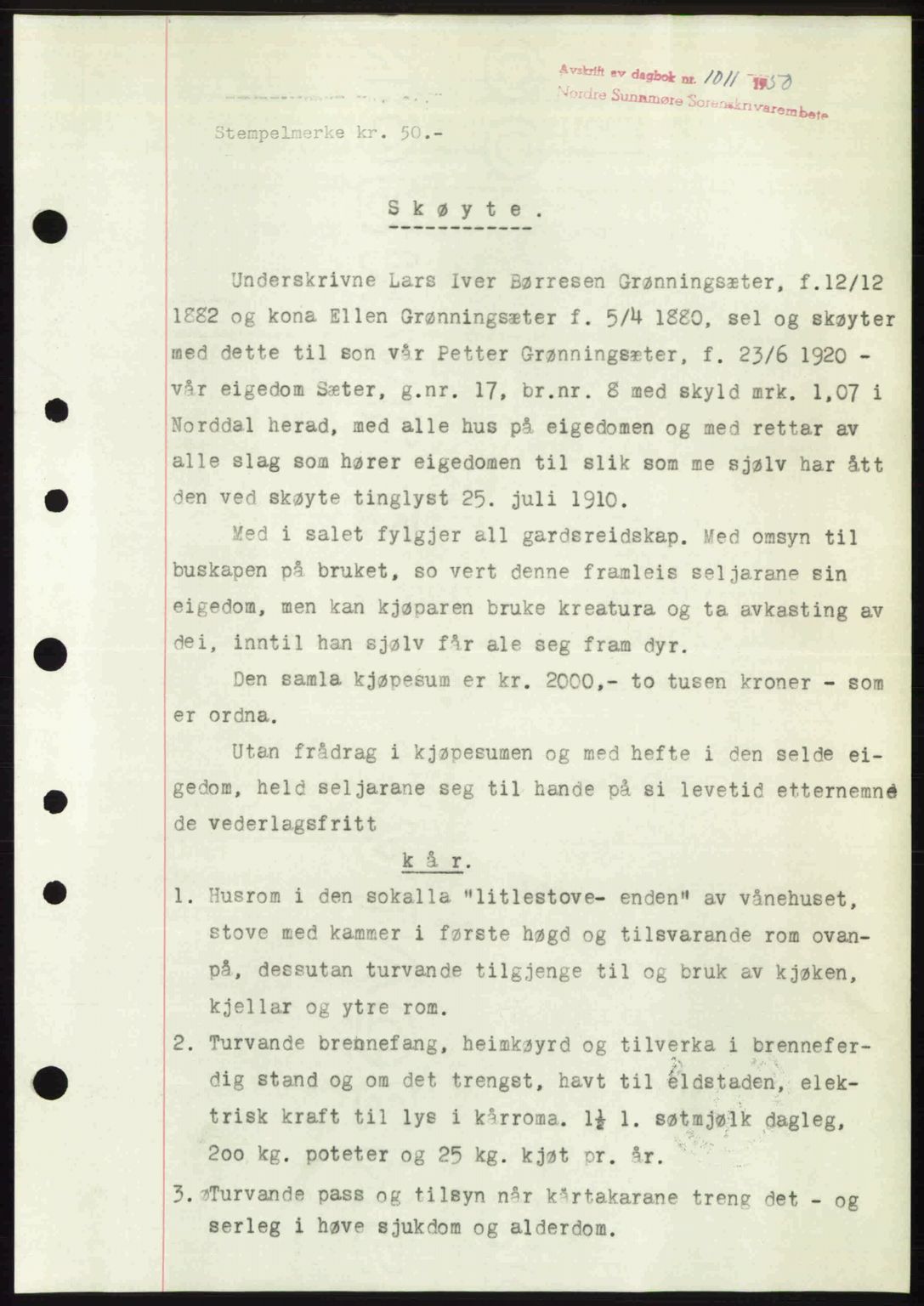 Nordre Sunnmøre sorenskriveri, AV/SAT-A-0006/1/2/2C/2Ca: Mortgage book no. A34, 1950-1950, Diary no: : 1011/1950