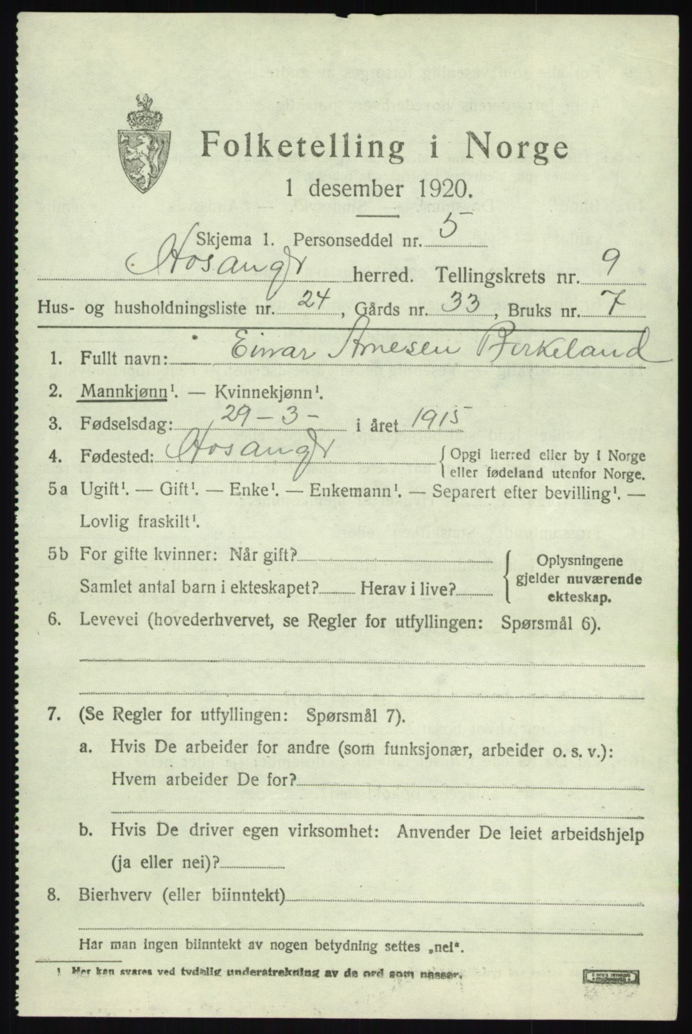 SAB, 1920 census for Hosanger, 1920, p. 4187
